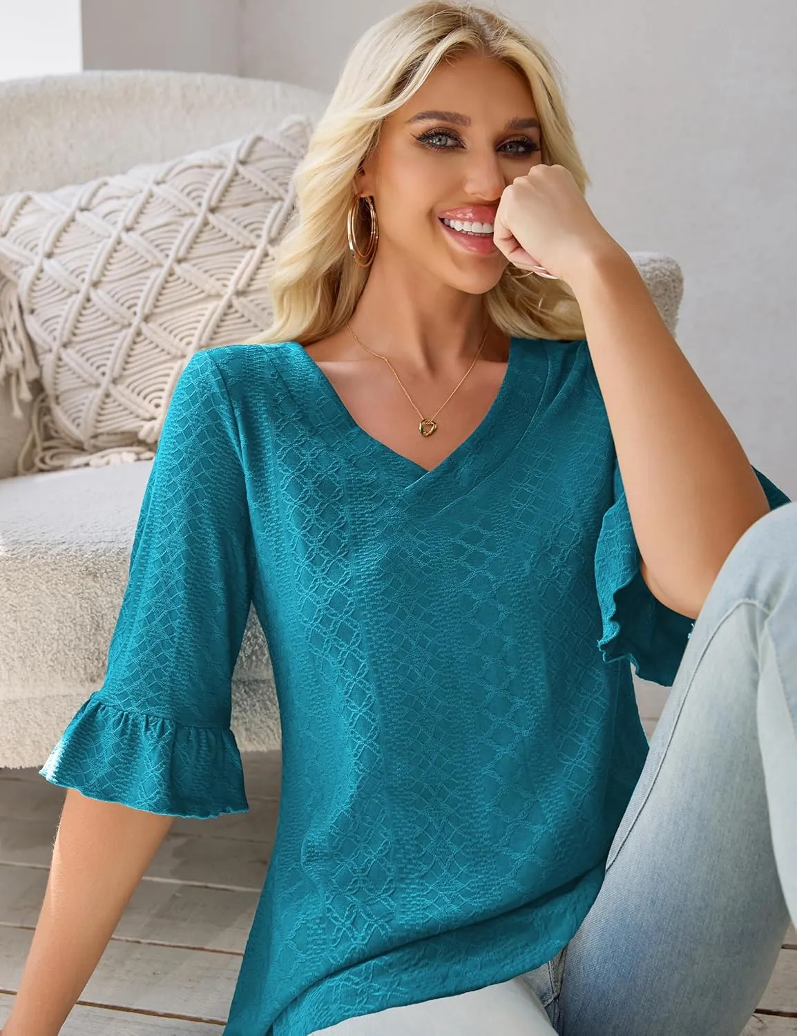 Tralilbee Women's Plus Size 3/4 Sleeve Tunic Tops V-Neck Casual Blouses Loose Fit Tunic Shirts, L-4XL