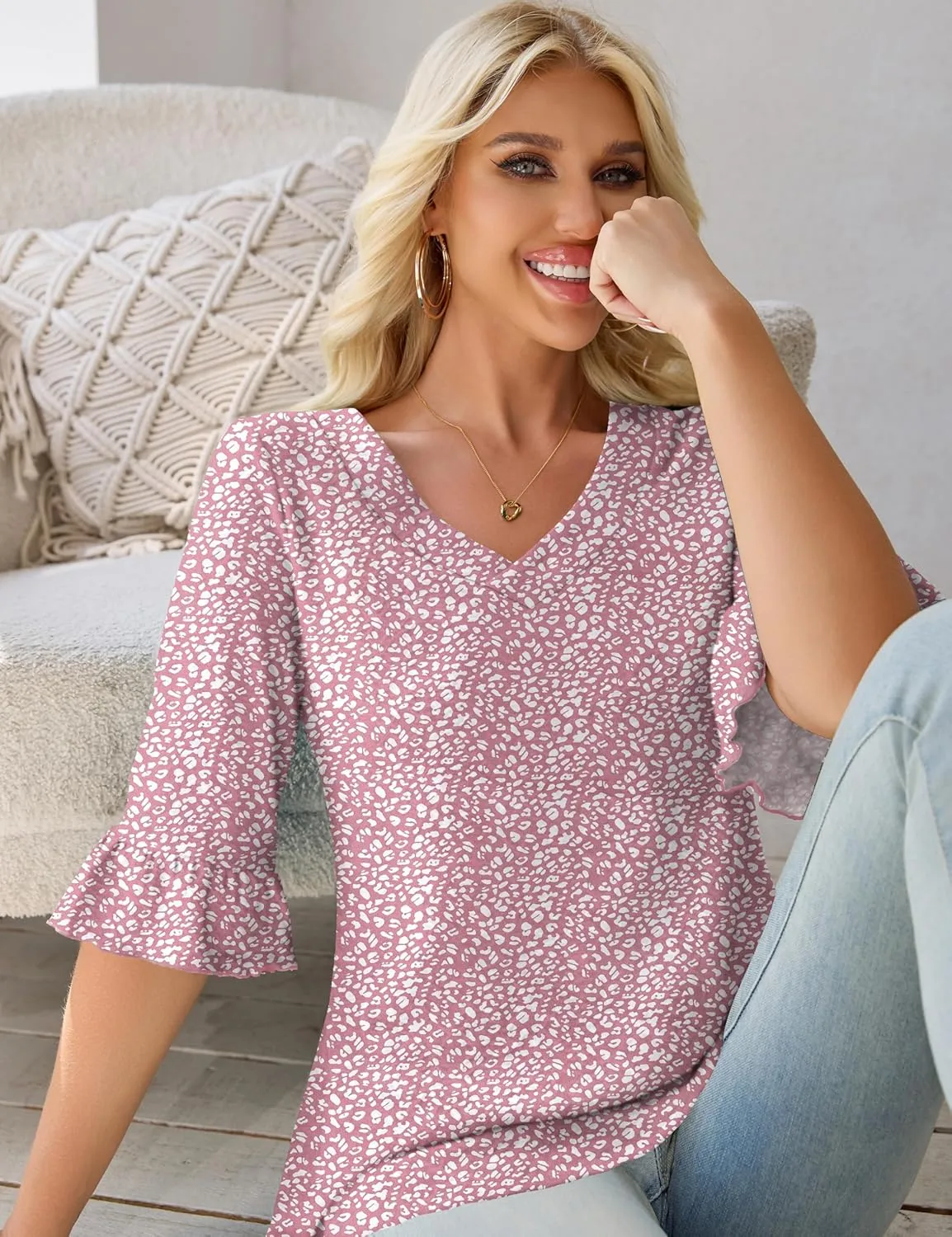 Tralilbee Women's Plus Size 3/4 Sleeve Tunic Tops V-Neck Casual Blouses Loose Fit Tunic Shirts, L-4XL