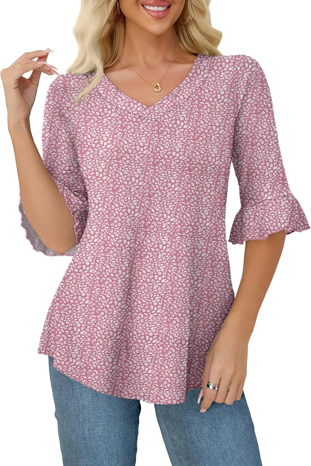 Tralilbee Women's Plus Size 3/4 Sleeve Tunic Tops V-Neck Casual Blouses Loose Fit Tunic Shirts, L-4XL