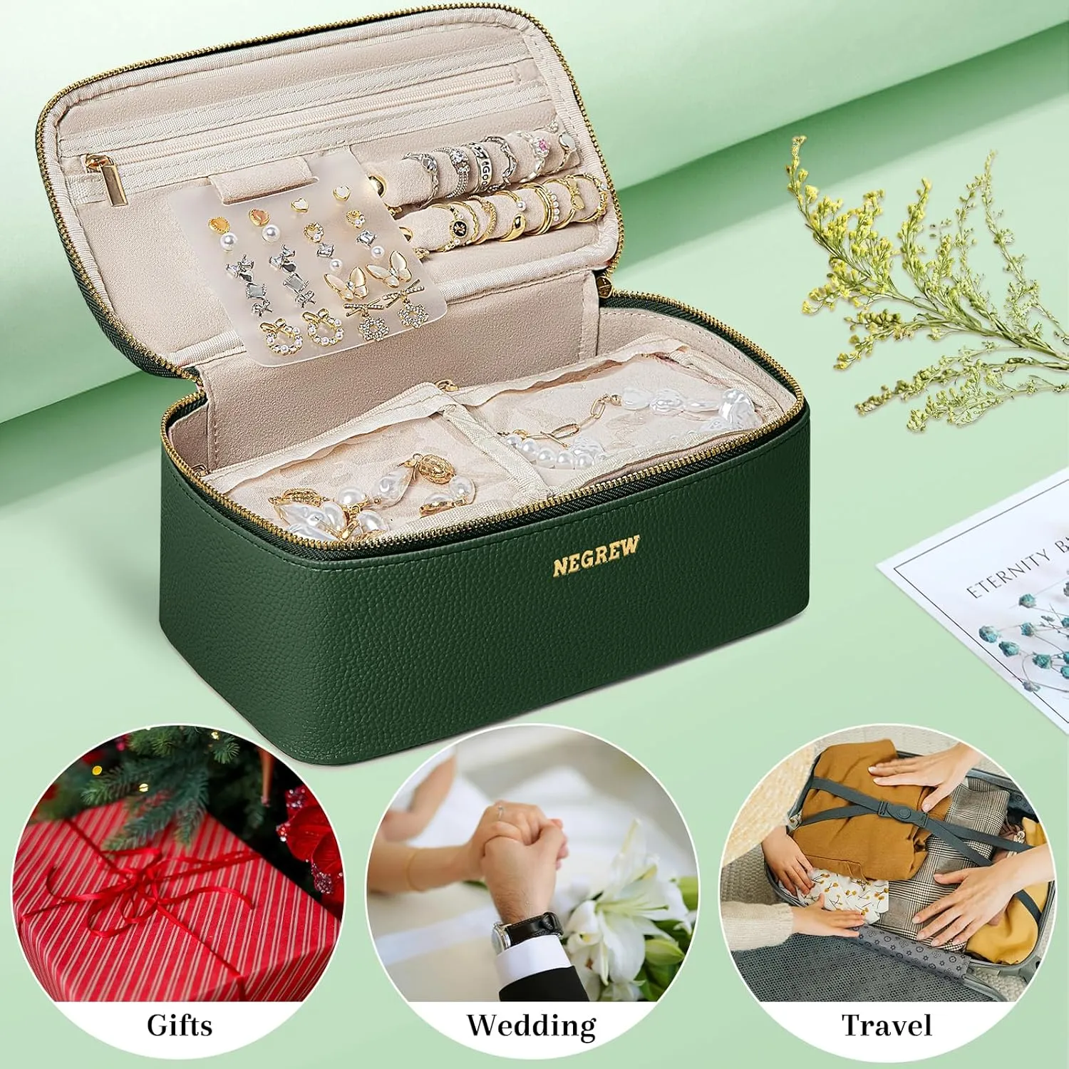 Travel Jewelry Box with 12 Pouches, Leather Jewelry Organizer Case for Women Girl for Necklace Earring Bracelet Ring, Jewelry Holder Organizer Box,Wedding Birthday Gift Idea