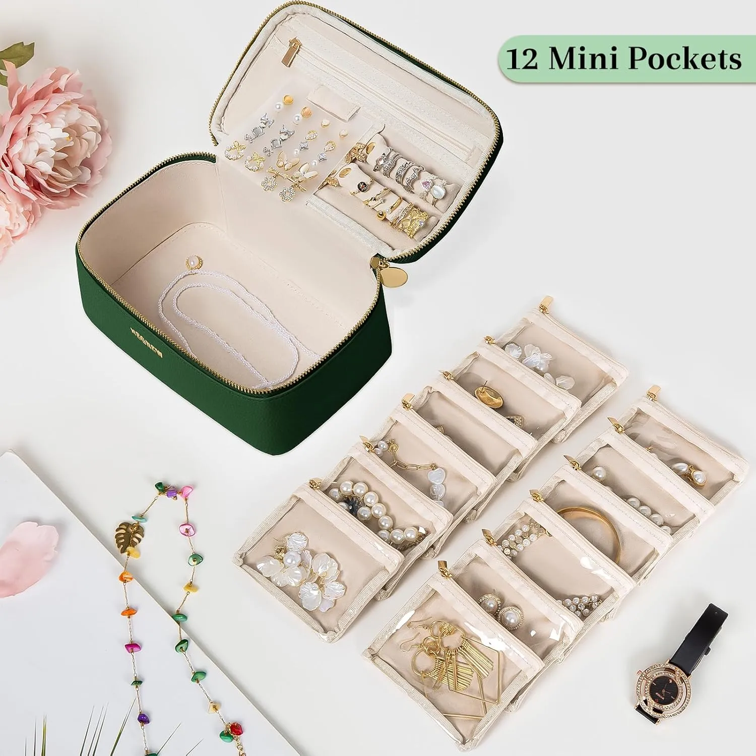 Travel Jewelry Box with 12 Pouches, Leather Jewelry Organizer Case for Women Girl for Necklace Earring Bracelet Ring, Jewelry Holder Organizer Box,Wedding Birthday Gift Idea