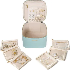 Travel Jewelry Box with 6 Pouches, Leather Jewelry Organizer Case for Women Girl for Necklace Earring Bracelet Ring, Jewelry Holder Organizer Box,Wedding Birthday Gift Idea