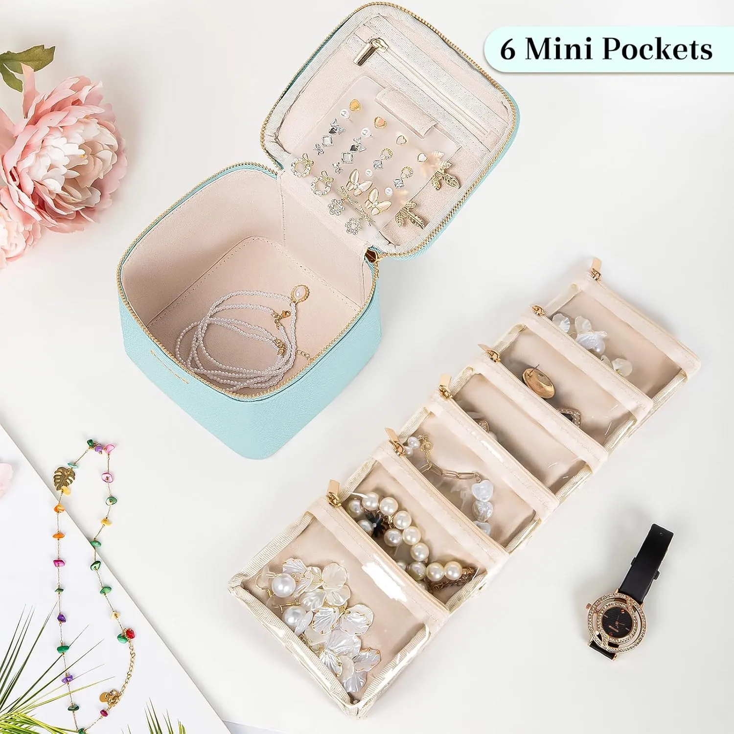 Travel Jewelry Box with 6 Pouches, Leather Jewelry Organizer Case for Women Girl for Necklace Earring Bracelet Ring, Jewelry Holder Organizer Box,Wedding Birthday Gift Idea