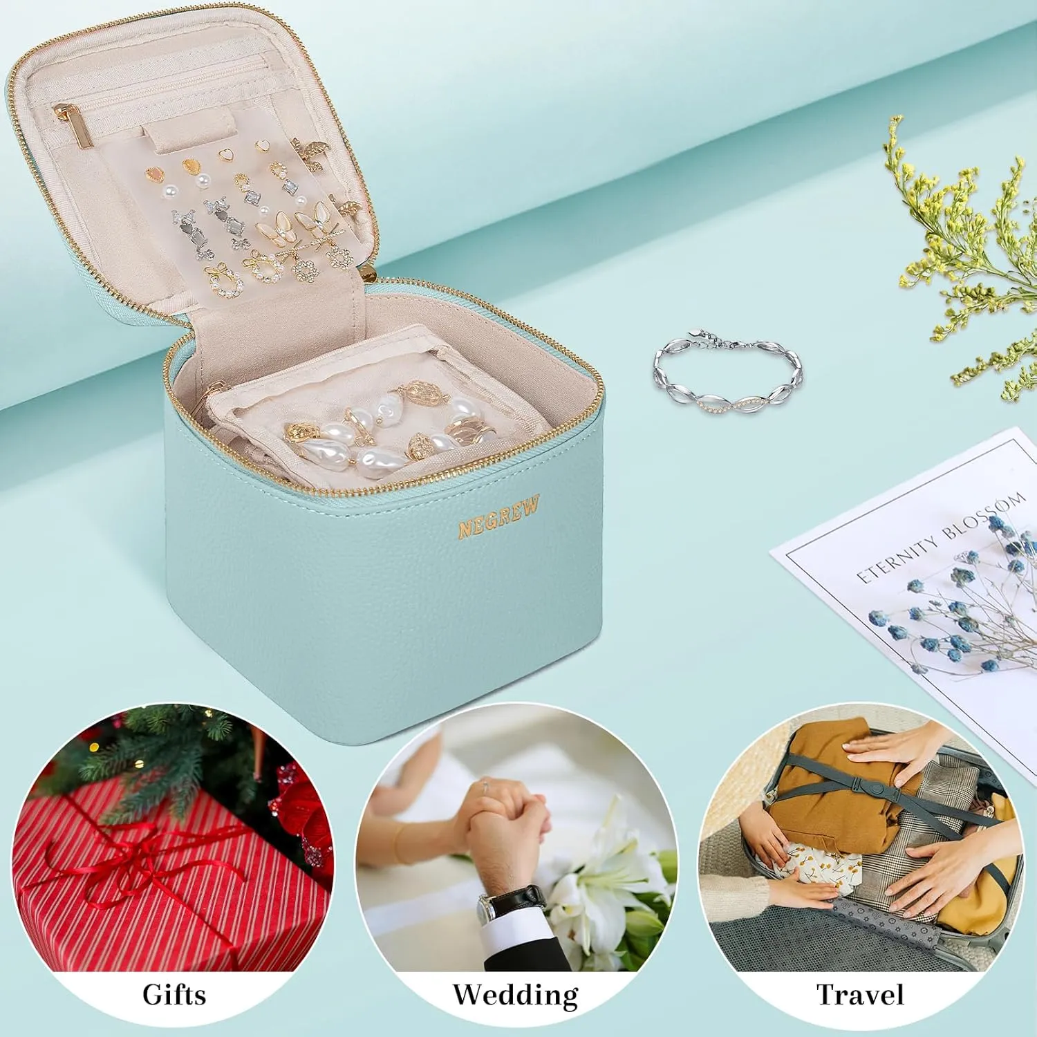 Travel Jewelry Box with 6 Pouches, Leather Jewelry Organizer Case for Women Girl for Necklace Earring Bracelet Ring, Jewelry Holder Organizer Box,Wedding Birthday Gift Idea