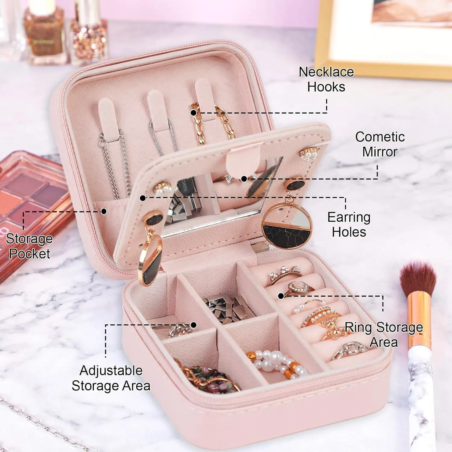 Travel Jewelry Case Jewelry Box, Travel Essentials Accessories for Women, Ring Necklace Earring Jewelry Holder Organizer Box with Mirror, Gifts for Women Girl Mom Grandma Birthday Christmas