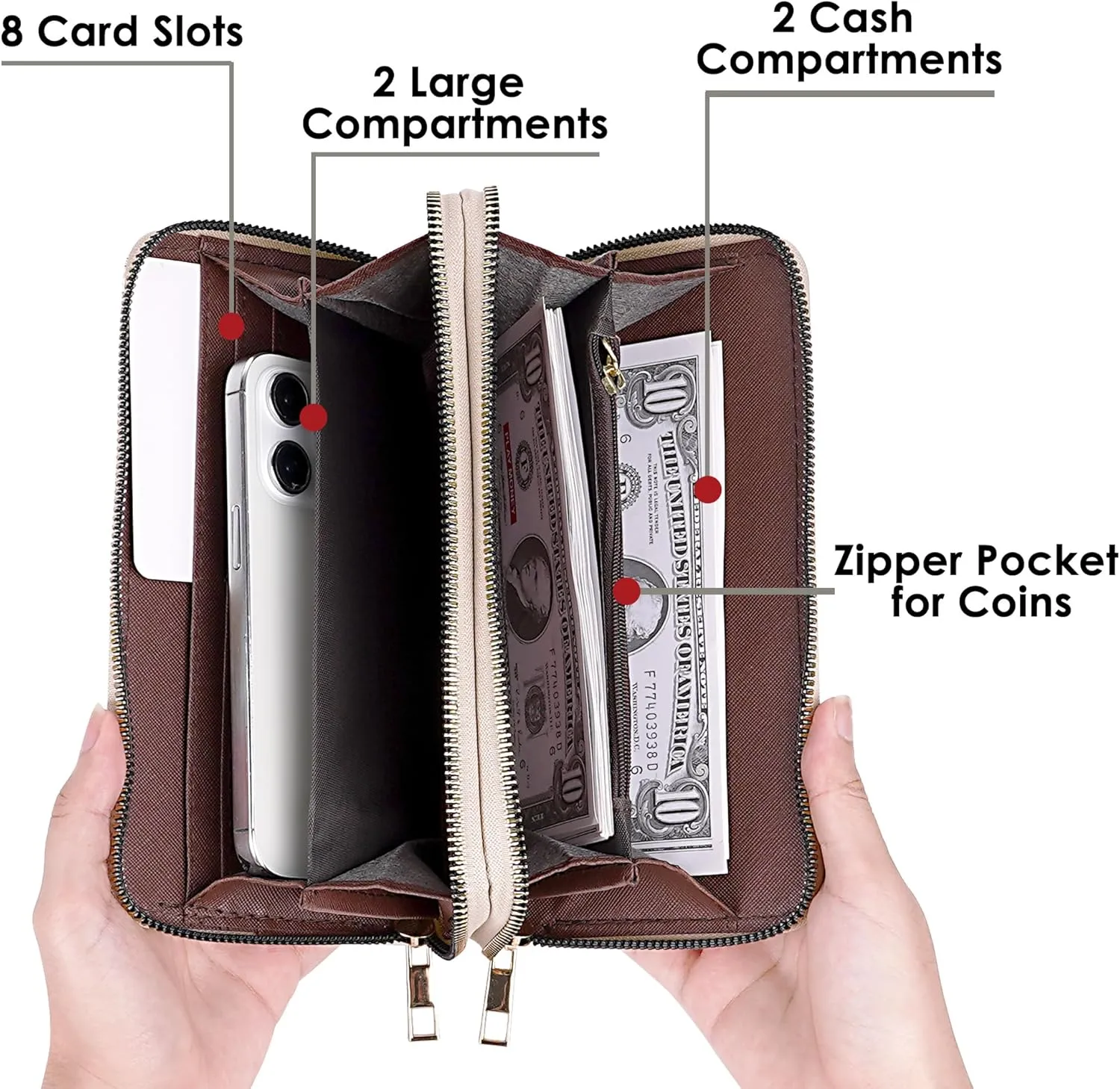 Triangle Pattern Wallet, Double Zipper Pockets, PU Leather Cellphone Purse Credit Card Cash Holder, Beige and Gray Grid