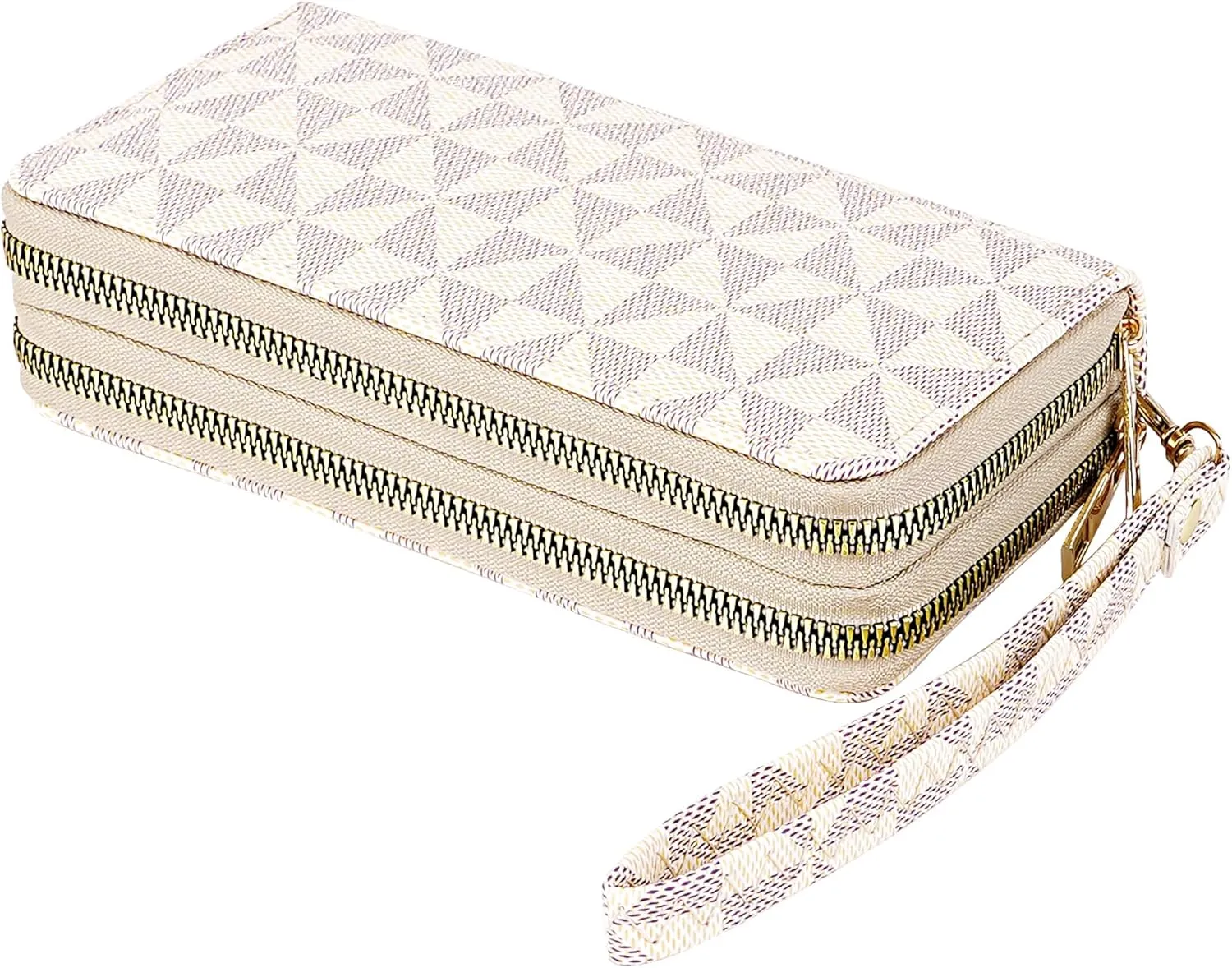 Triangle Pattern Wallet, Double Zipper Pockets, PU Leather Cellphone Purse Credit Card Cash Holder, Beige and Gray Grid