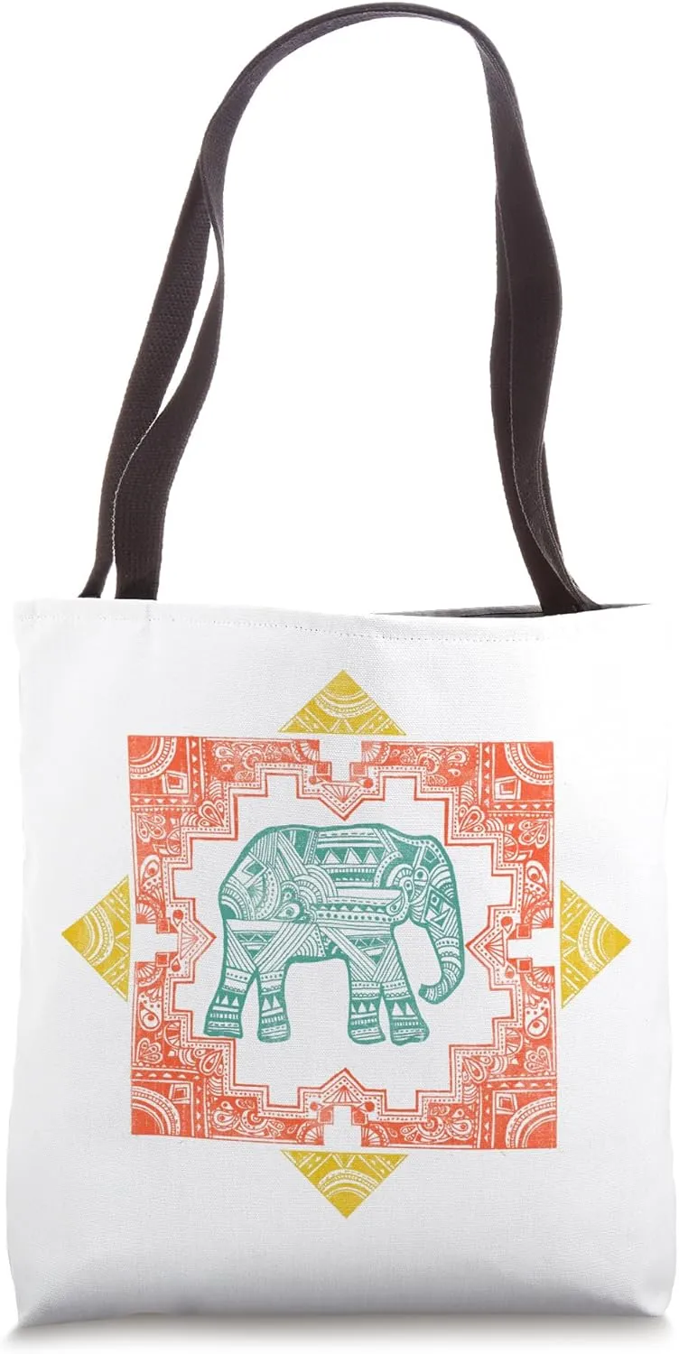 Tribal Boho Elephant Mandala Ethnic Art Geometric Design Tote Bag
