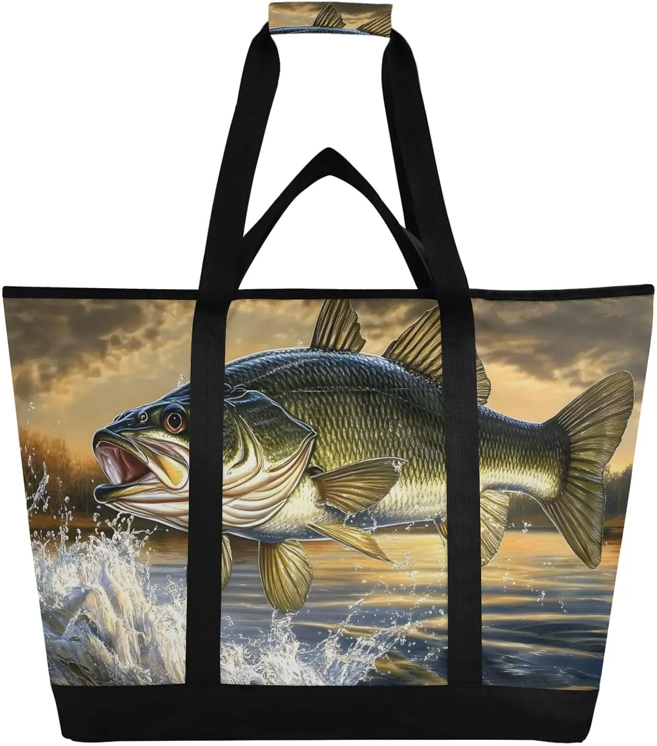 Trout Lake Sunrise Large Insulated Tote Bag for Grocery Shopping Reusable Tote Bags for Women Men, Cooler Bag with Zippered Top & Handles for Beach Picnic Travel