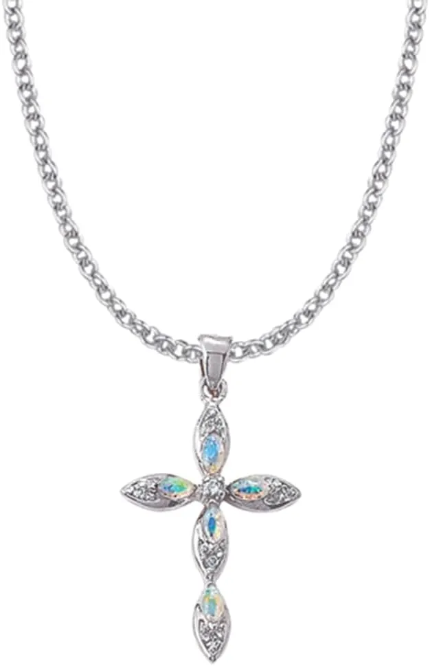True Faith Jewelry Sterling Silver Cross Pendant Necklace with Opal Rhinestone Crystal Religious Jewelry, 1 Inch