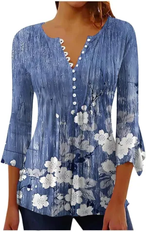 Tunic Henley Tops for Womens 2025 Trendy Boho Floral Print Tunics Shirts 3/4 Bell Sleeve Button V Neck Tshirt Blouses