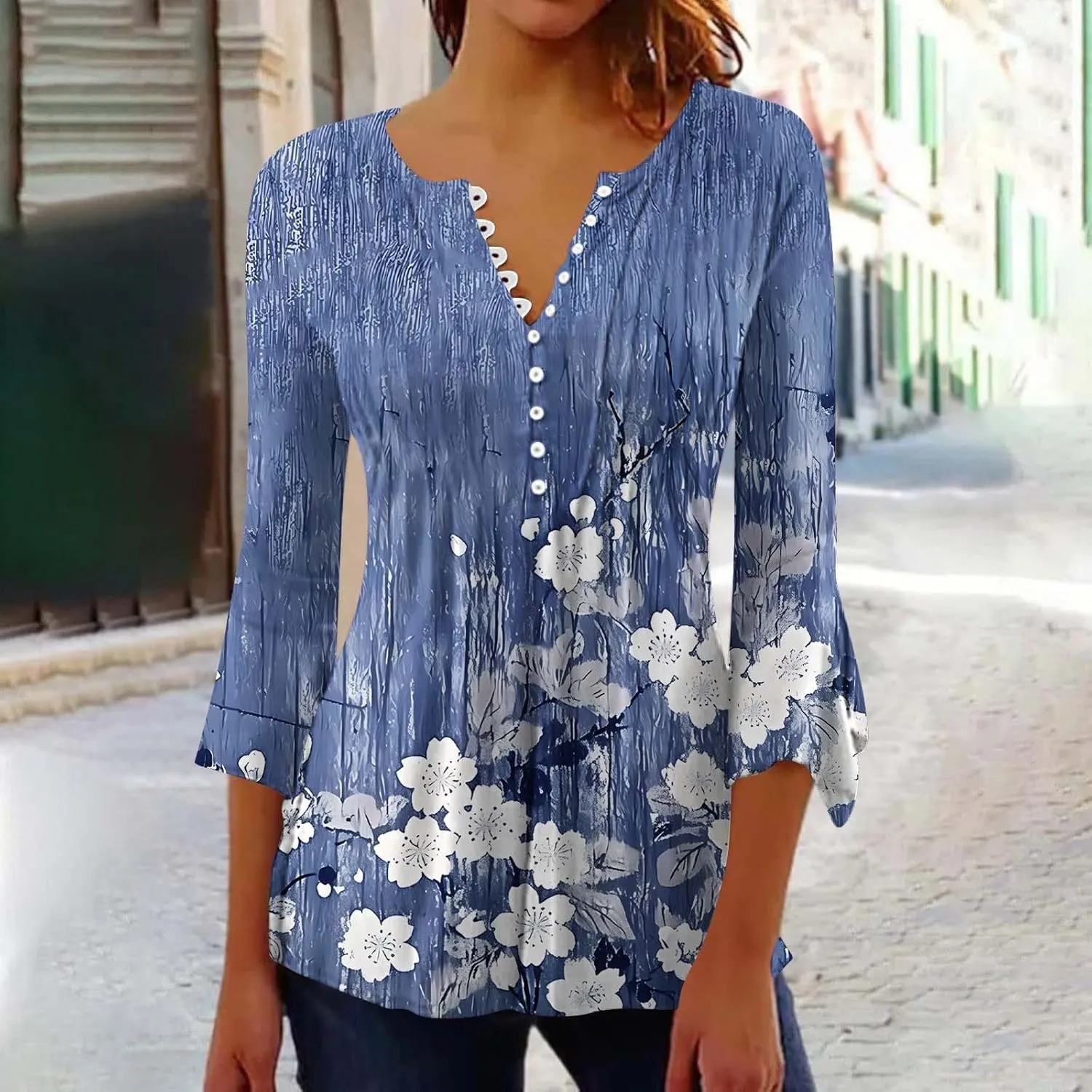Tunic Henley Tops for Womens 2025 Trendy Boho Floral Print Tunics Shirts 3/4 Bell Sleeve Button V Neck Tshirt Blouses