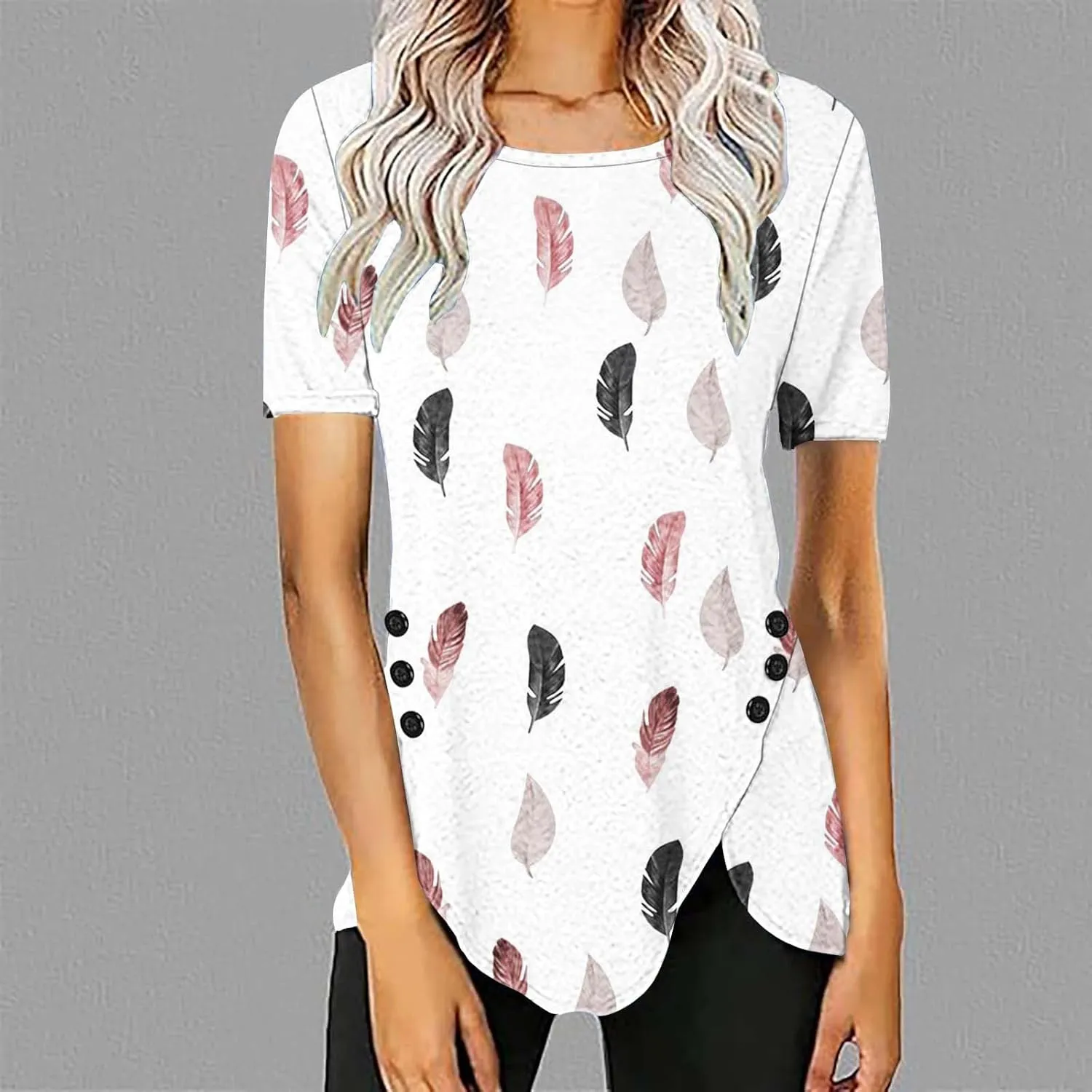 Tunic Tops for Women Loose Fit Dressy Short Sleeve Crew Neck T Shirts Summer Floral Graphic Tees Irregular Hem Blouse