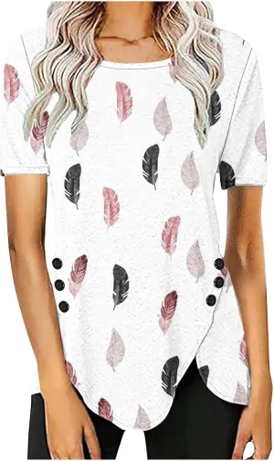 Tunic Tops for Women Loose Fit Dressy Short Sleeve Crew Neck T Shirts Summer Floral Graphic Tees Irregular Hem Blouse