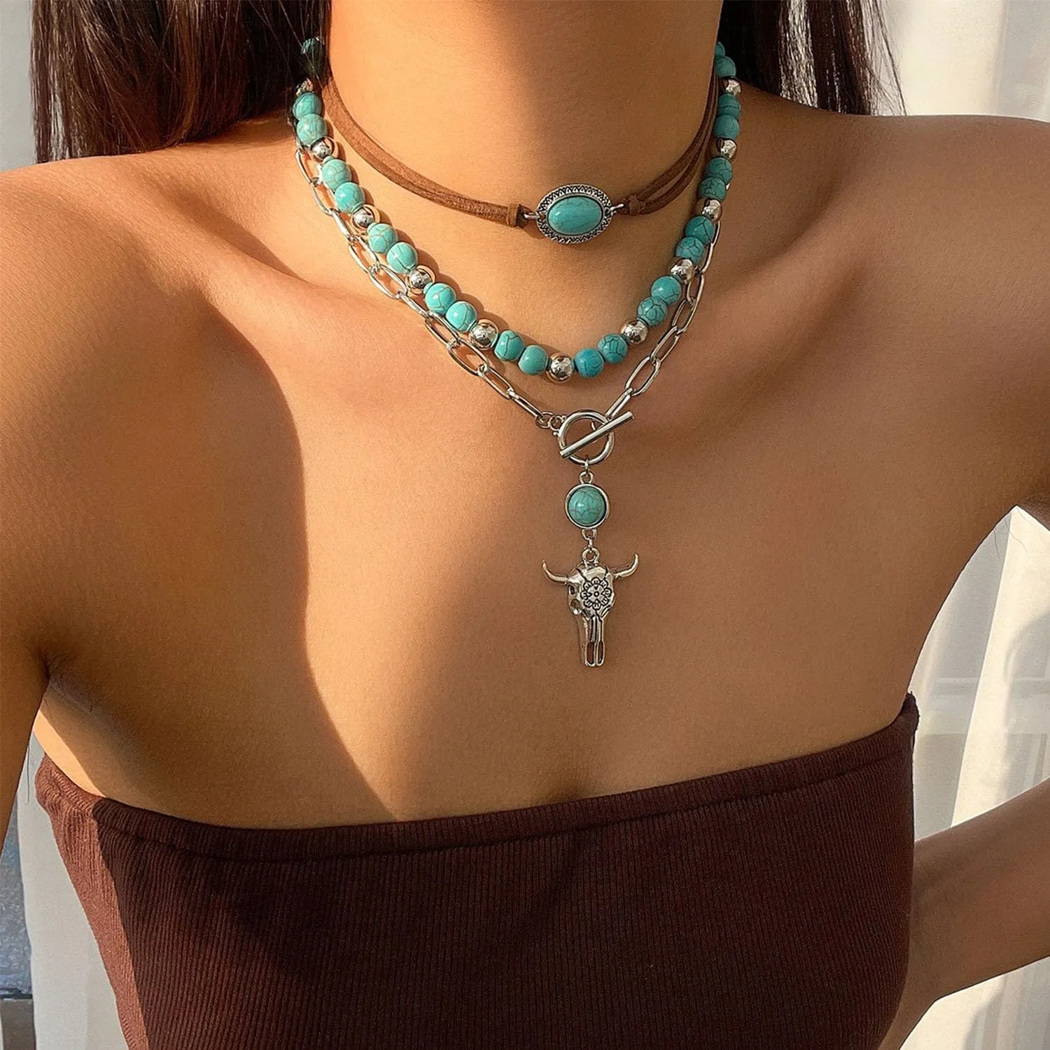 Turquoise Necklace for Women turquoise Cross Beaded Neckalce Western Cowboy Hat Necklaces Western Jewelry for Women Country Concert Accessories