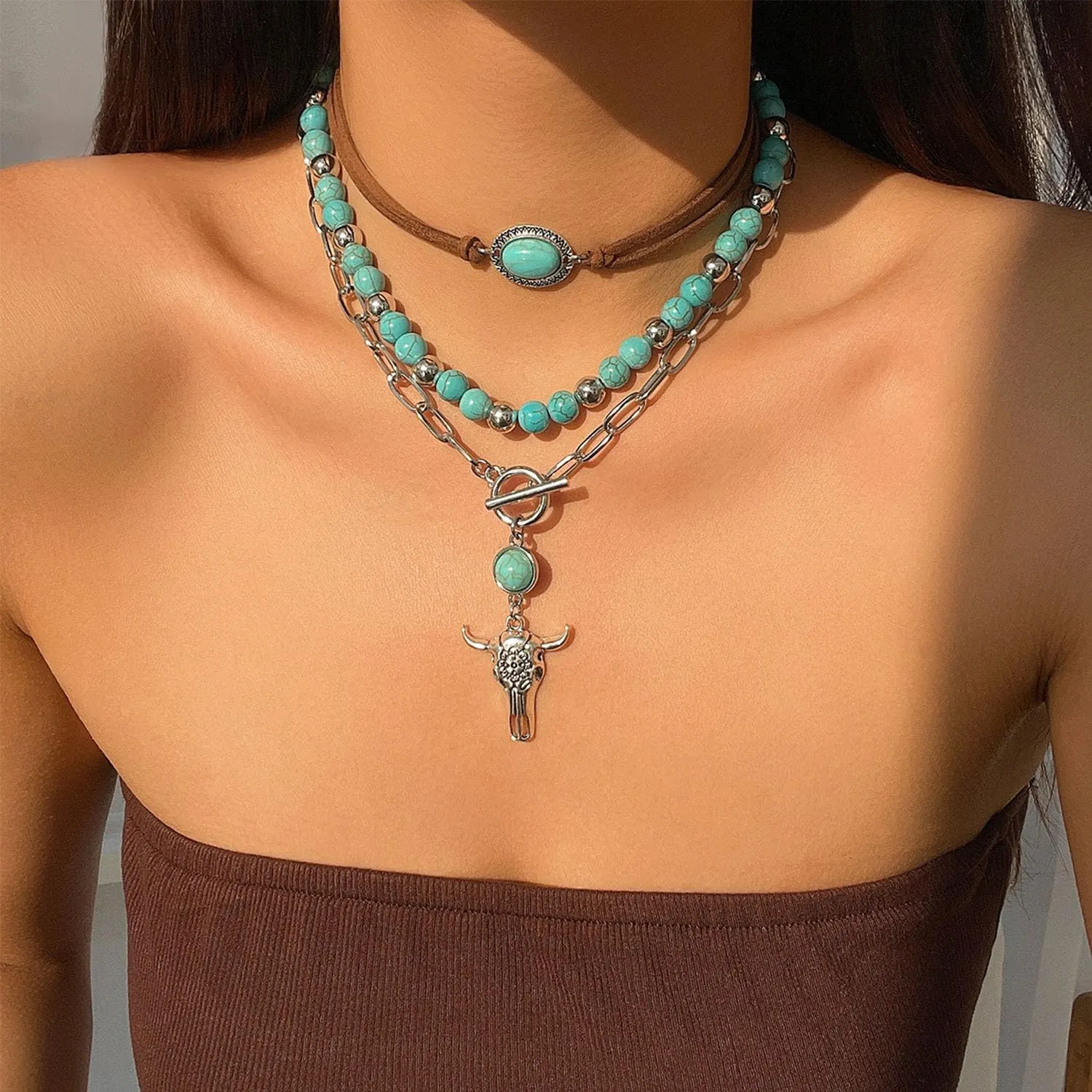 Turquoise Necklace for Women turquoise Cross Beaded Neckalce Western Cowboy Hat Necklaces Western Jewelry for Women Country Concert Accessories