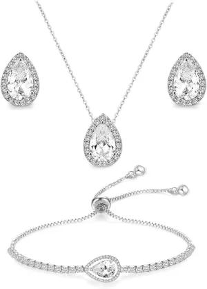 UDYLGOON CZ Tearsdrop Earrings Necklace Jewelry Set For Bride Bridesmaids Bridal Wedding Party Prom Jewelry Gift