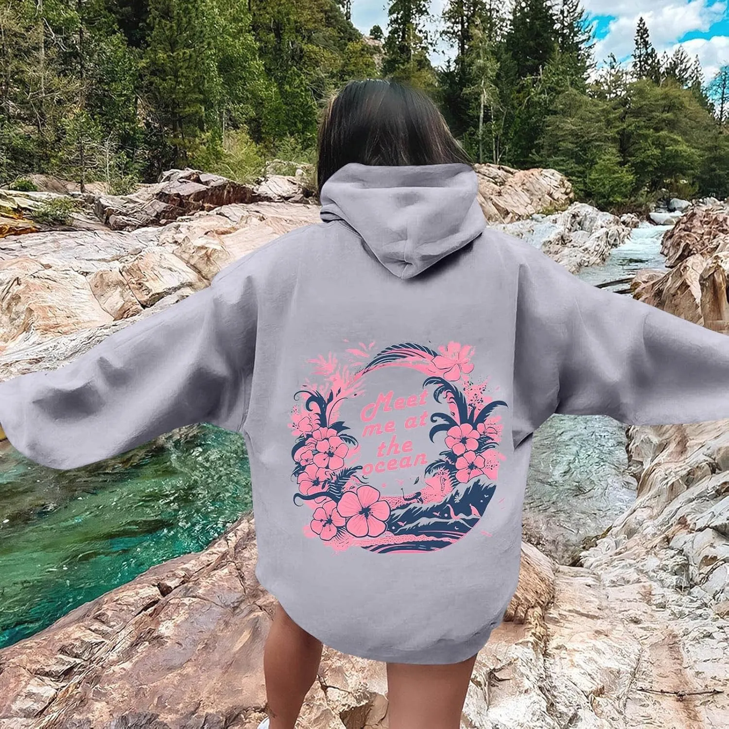 Unisex Oversized Hoodies Long Sleeve Palm Puff Preppy Sweatshirt Drawstring Cute Print Casual Graphic Hoodie