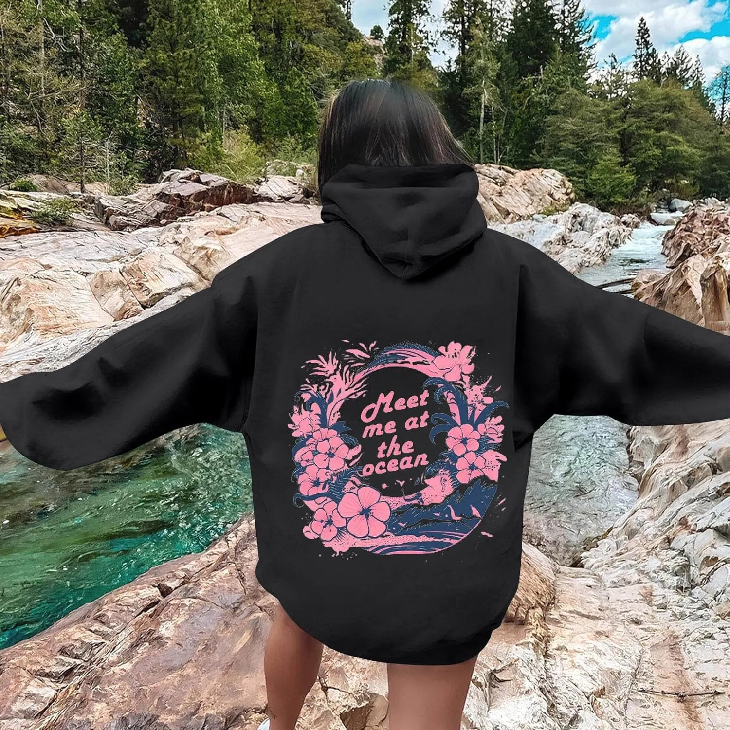 Unisex Oversized Hoodies Long Sleeve Palm Puff Preppy Sweatshirt Drawstring Cute Print Casual Graphic Hoodie