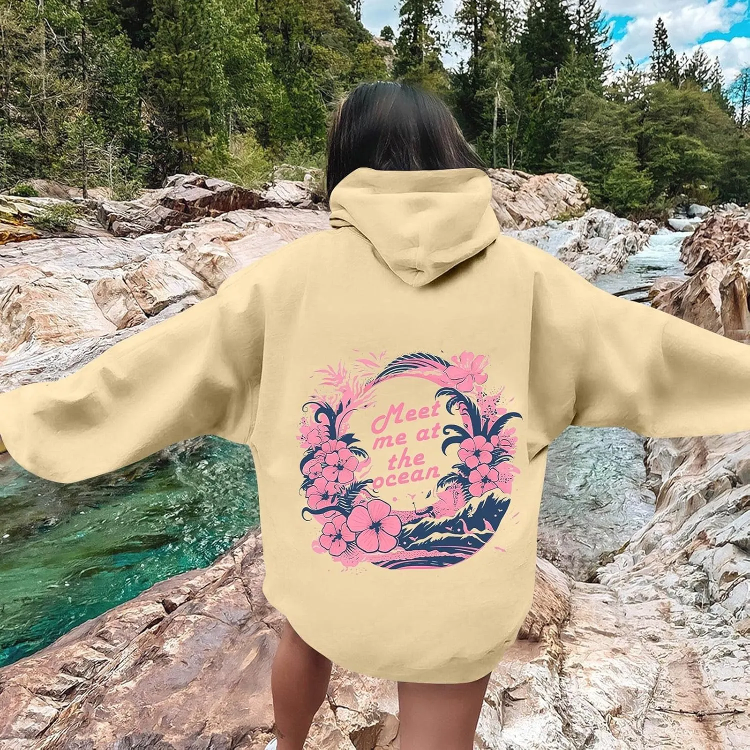 Unisex Oversized Hoodies Long Sleeve Palm Puff Preppy Sweatshirt Drawstring Cute Print Casual Graphic Hoodie