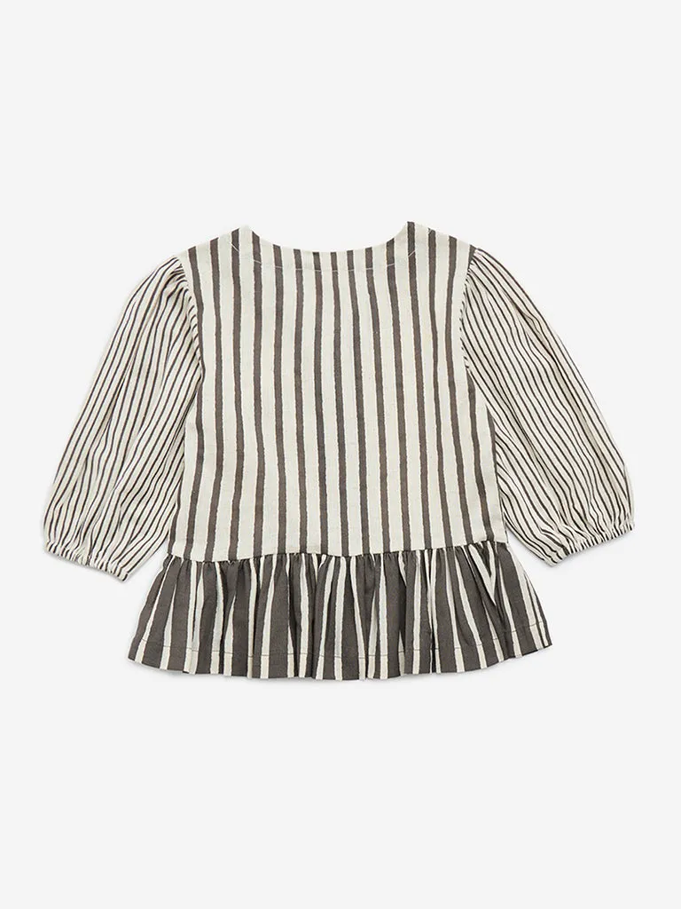 Utsa Kids Off-White Striped Cotton Peplum Top