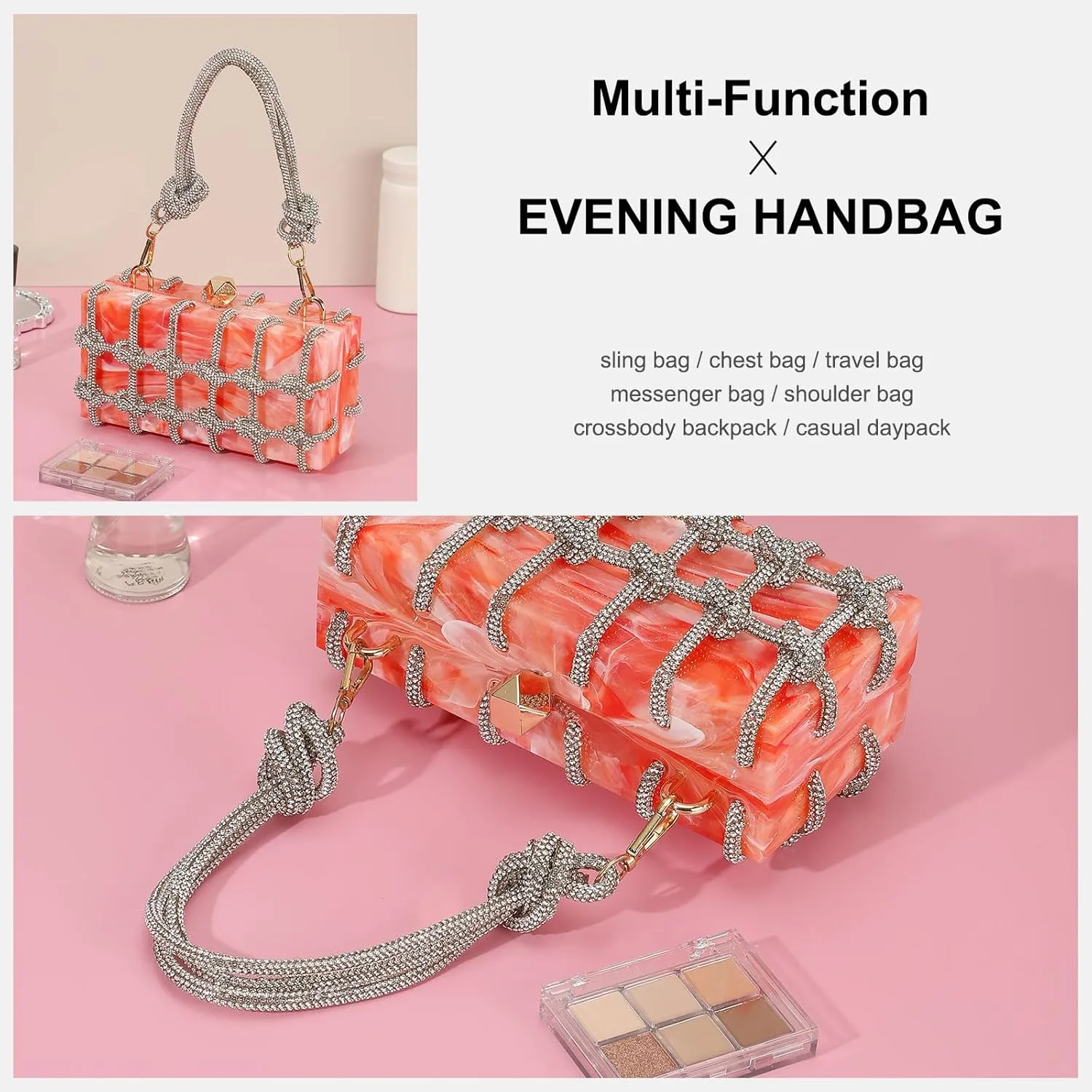 uxcell Evening Bags, Acrylic Clutch Purse Marbling Bag Wedding Prom Party, Light Orange