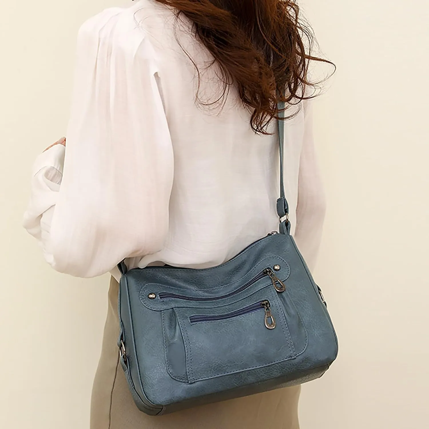 Vintage Classic Soft Leather Stylish Solid Crossbody Bag Trend Versatile Pocket Shoulder Bag Messenger (Blue, One Size)
