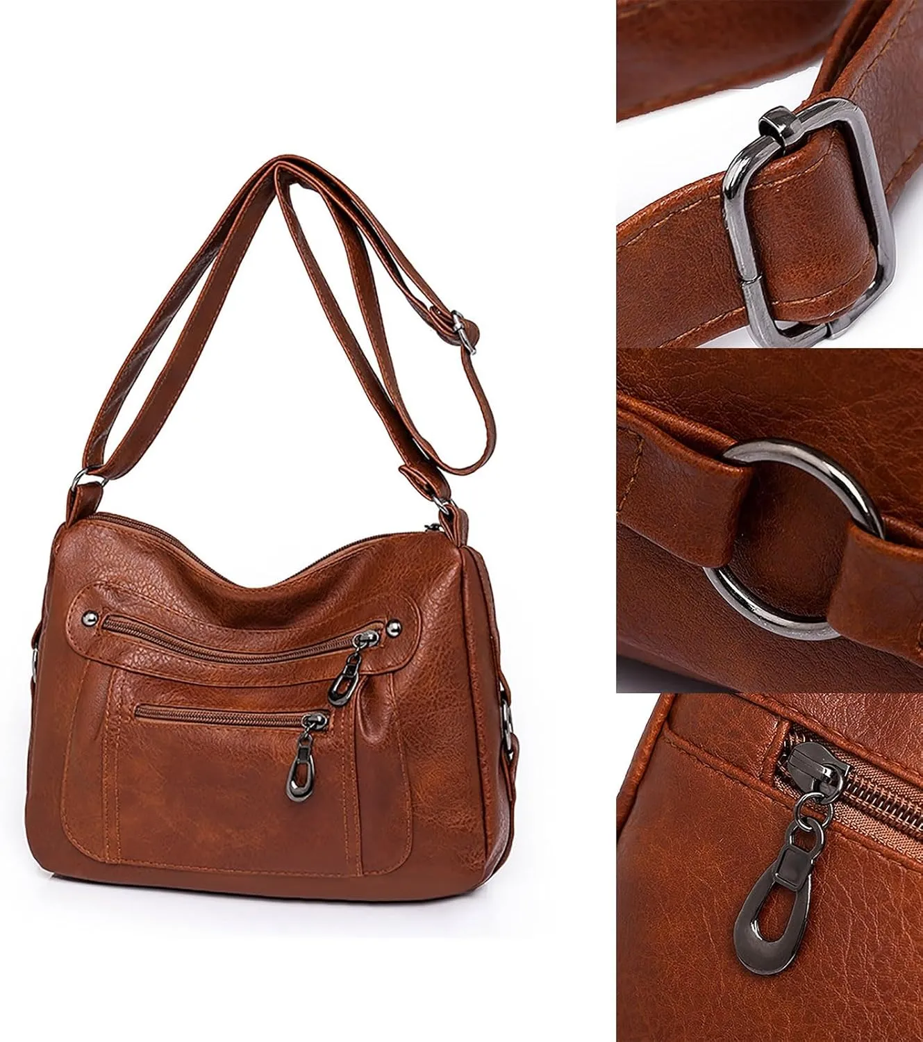 Vintage Classic Soft Leather Stylish Solid Crossbody Bag Trend Versatile Pocket Shoulder Bag Messenger (Brown, One Size)