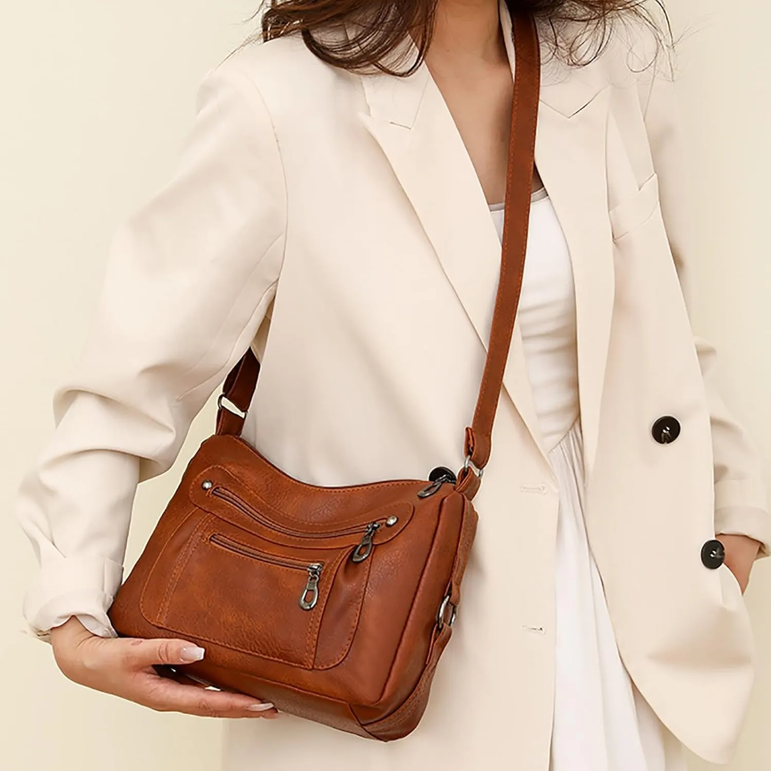 Vintage Classic Soft Leather Stylish Solid Crossbody Bag Trend Versatile Pocket Shoulder Bag Messenger (Brown, One Size)