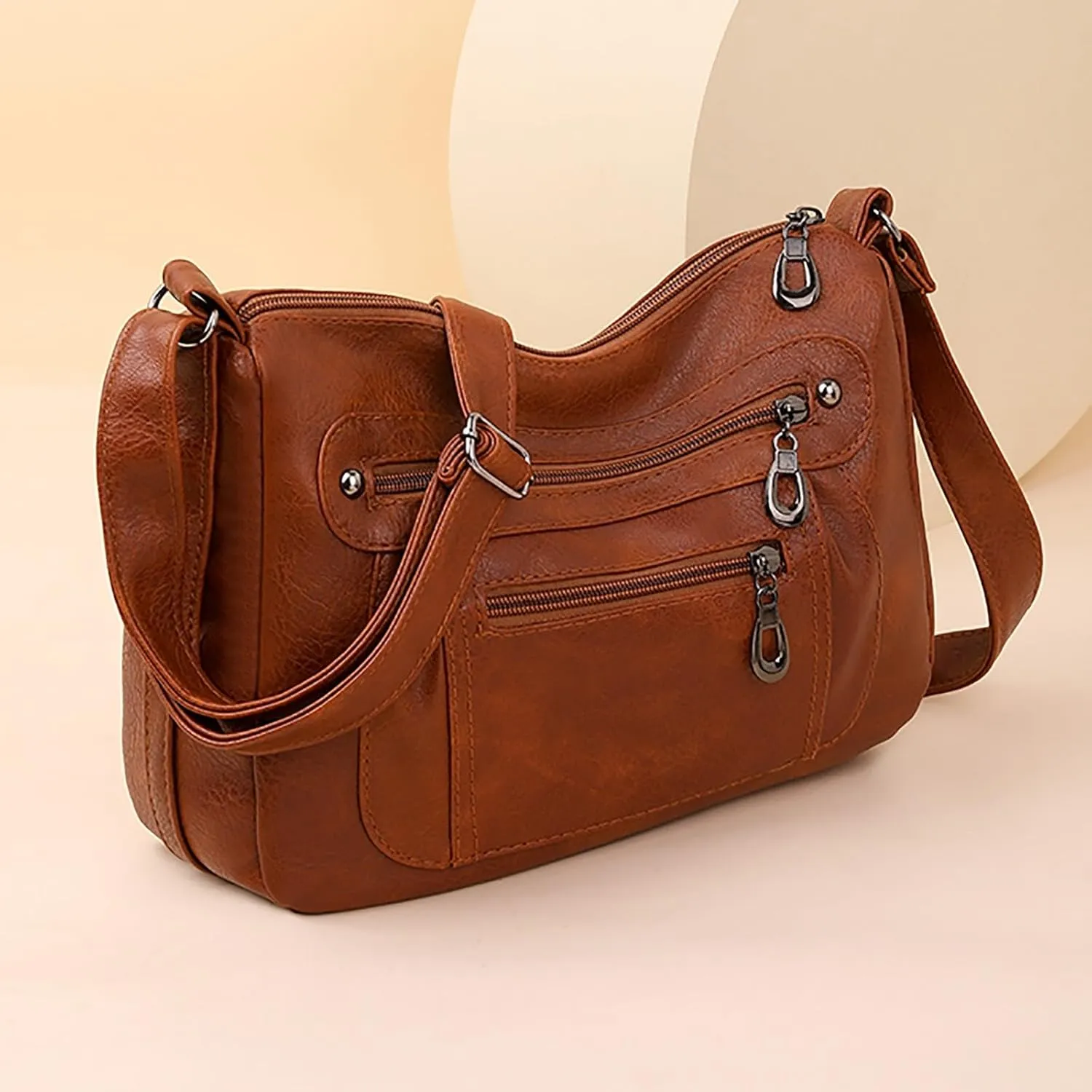 Vintage Classic Soft Leather Stylish Solid Crossbody Bag Trend Versatile Pocket Shoulder Bag Messenger (Brown, One Size)