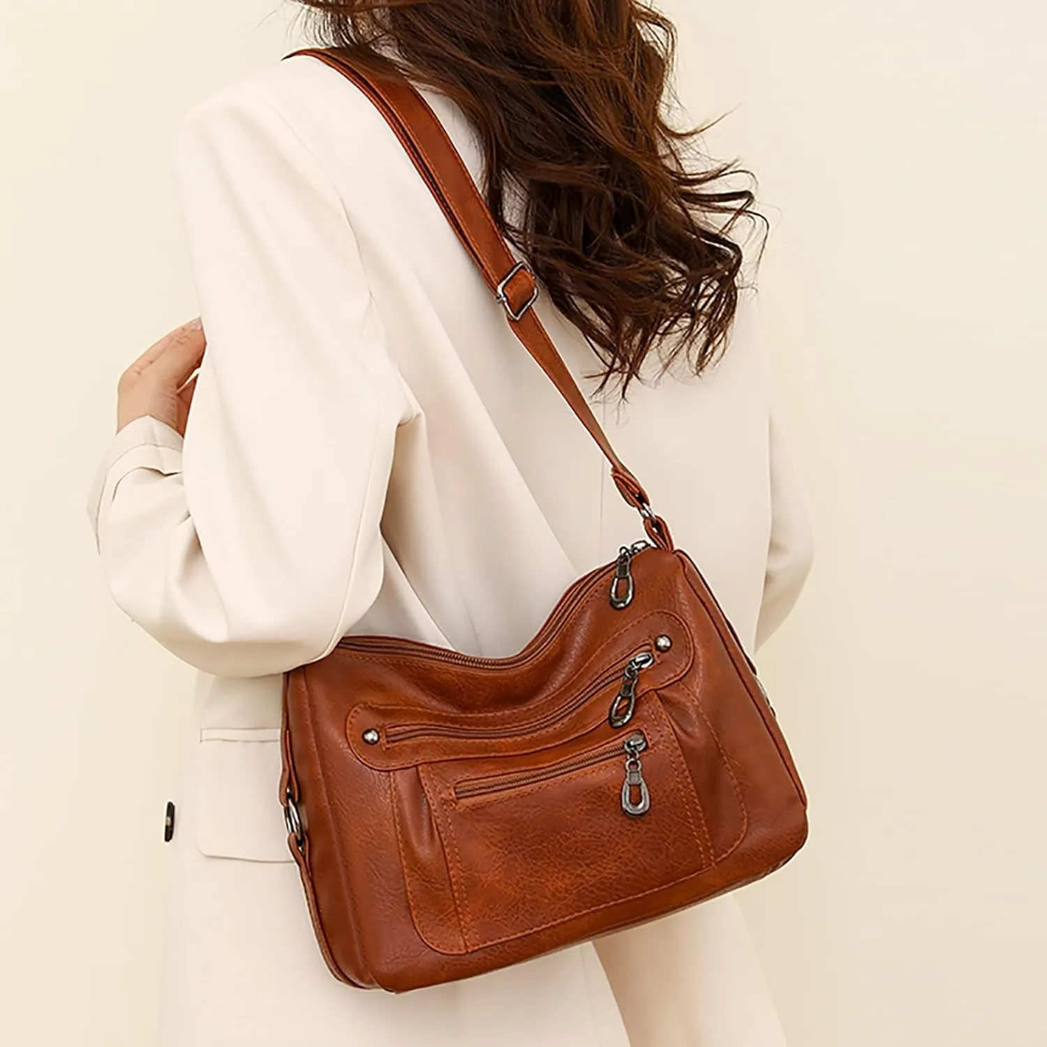 Vintage Classic Soft Leather Stylish Solid Crossbody Bag Trend Versatile Pocket Shoulder Bag Messenger (Brown, One Size)