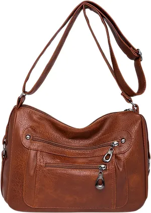 Vintage Classic Soft Leather Stylish Solid Crossbody Bag Trend Versatile Pocket Shoulder Bag Messenger (Brown, One Size)