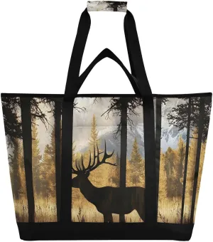 Vintage Forest Elk Large Insulated Tote Bag for Grocery Shopping Reusable Tote Bags for Women Men, Cooler Bag with Zippered Top & Handles for Beach Picnic Travel