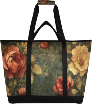 Vintage Roses Red Large Insulated Tote Bag for Grocery Shopping Reusable Tote Bags for Women Men, Cooler Bag with Zippered Top & Handles for Beach Picnic Travel