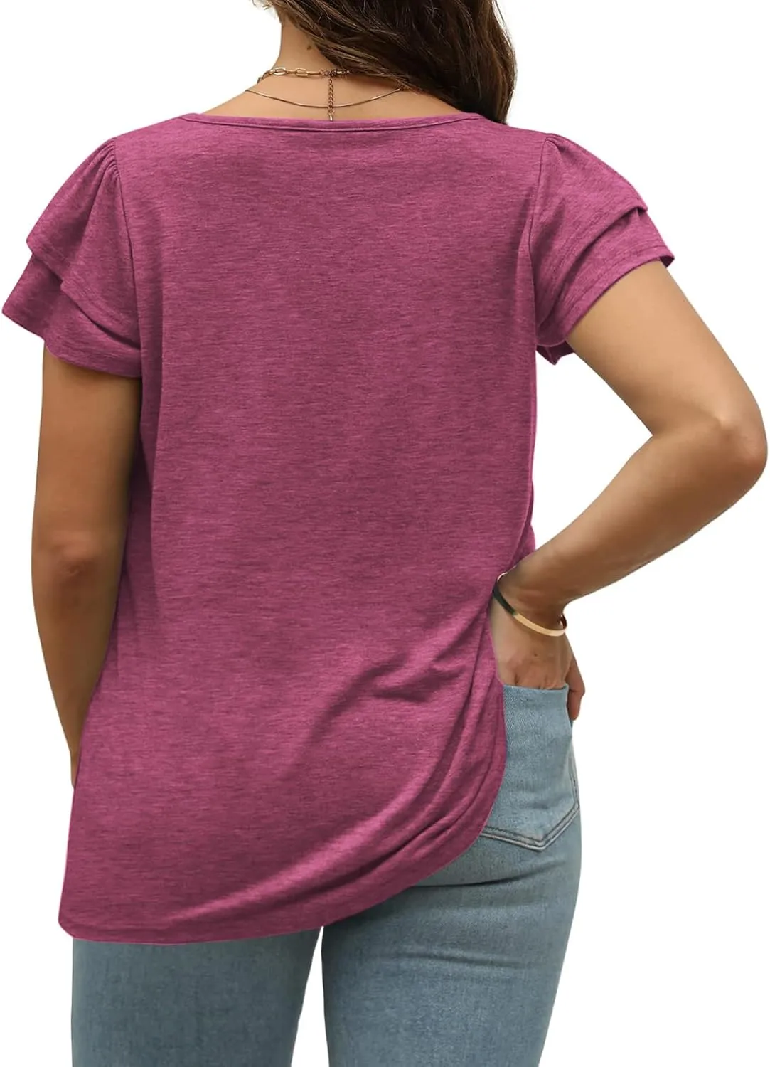 VISLILY Plus-Size-Summer-Tops for Women Petal Short Sleeve T Shirts Square Neck Tunics Flowy Pleated Blouses XL-5XL