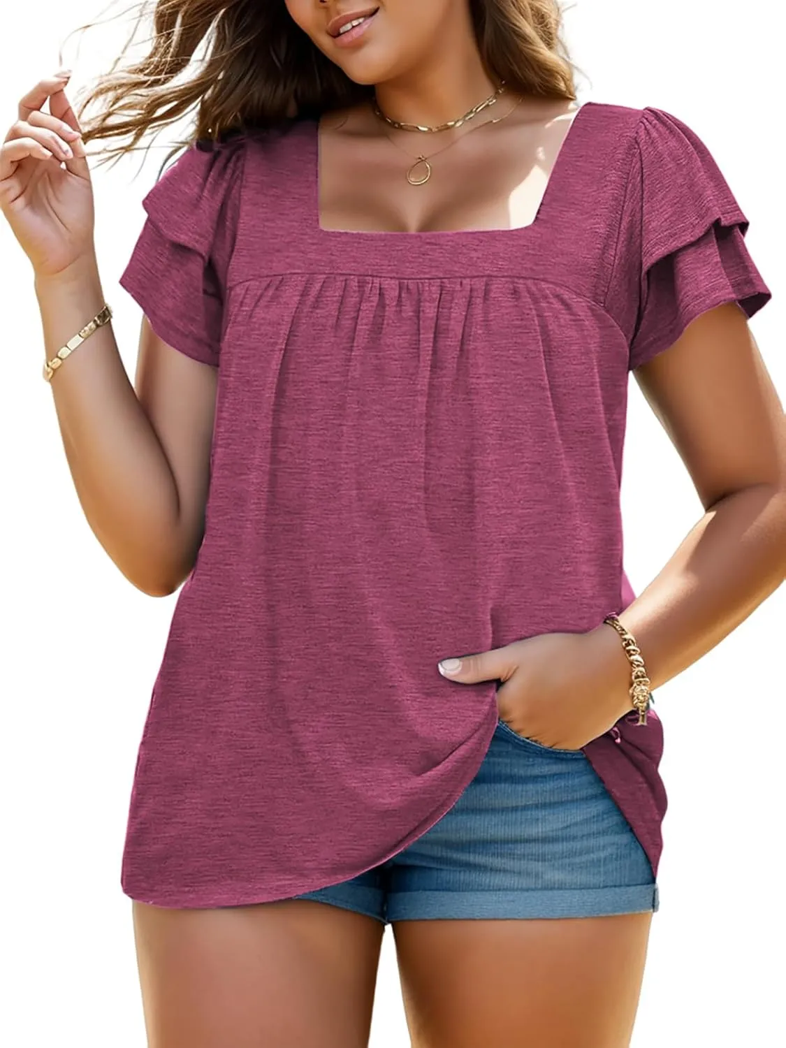 VISLILY Plus-Size-Summer-Tops for Women Petal Short Sleeve T Shirts Square Neck Tunics Flowy Pleated Blouses XL-5XL
