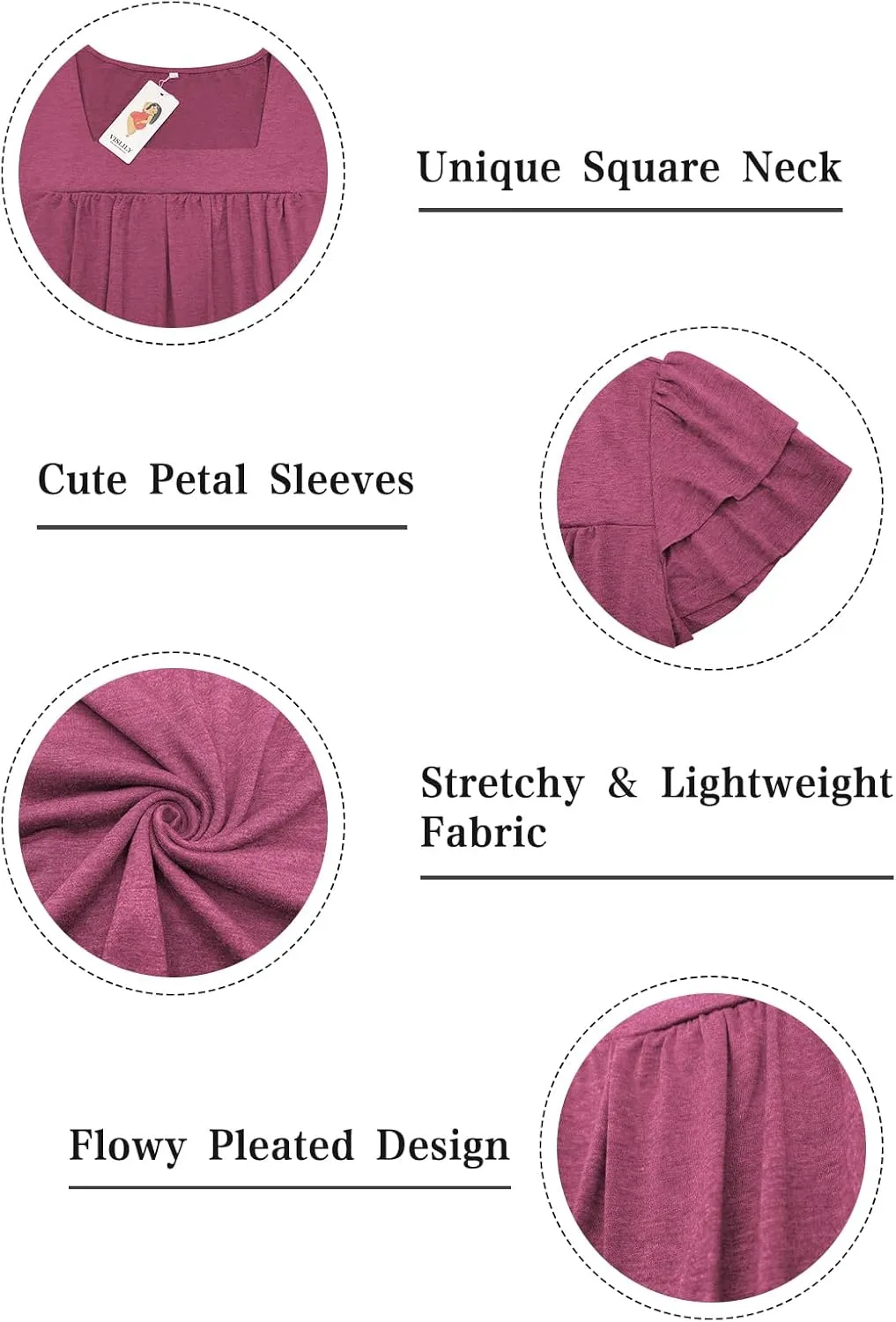 VISLILY Plus-Size-Summer-Tops for Women Petal Short Sleeve T Shirts Square Neck Tunics Flowy Pleated Blouses XL-5XL