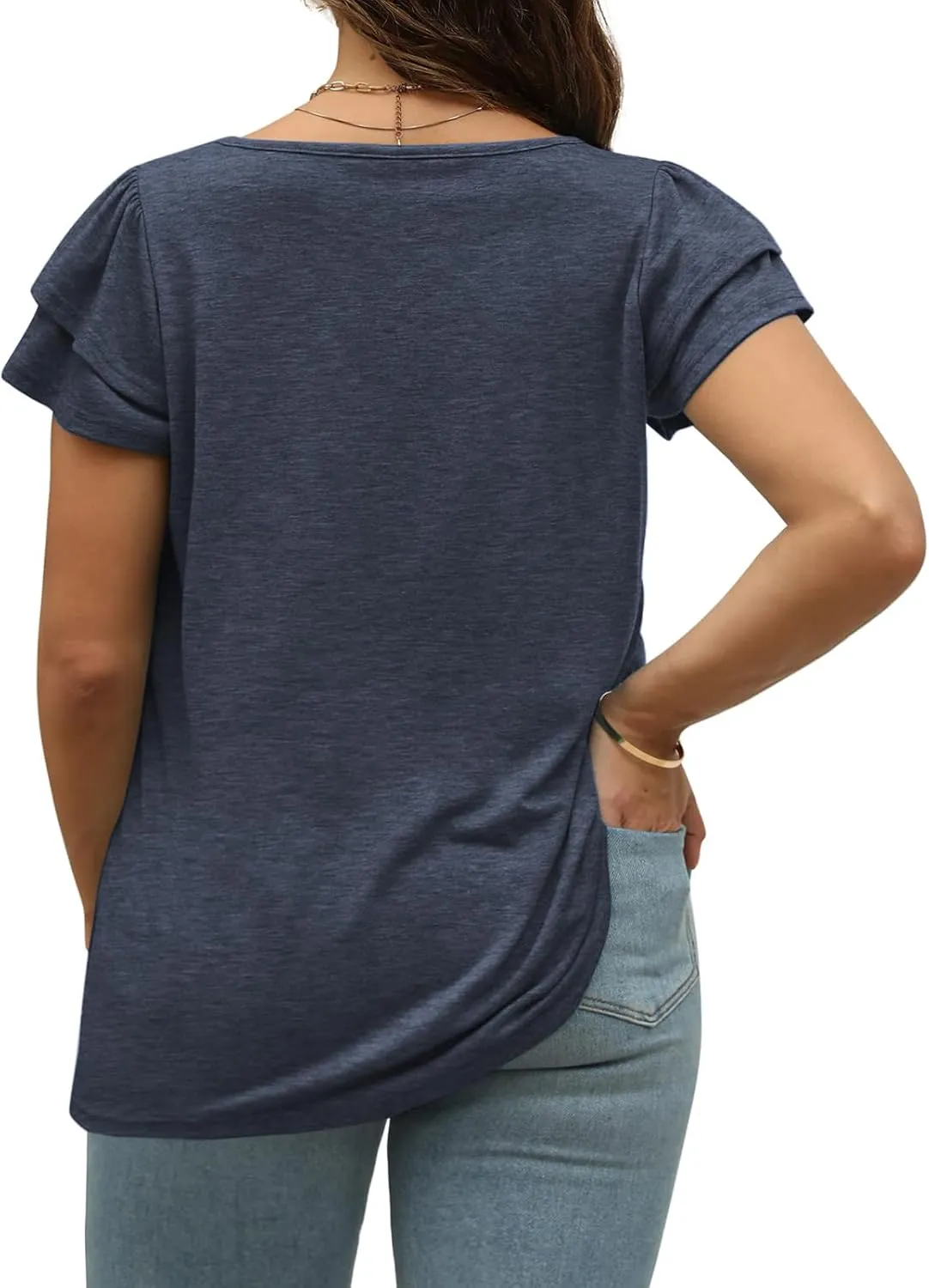 VISLILY Plus-Size-Summer-Tops for Women Petal Short Sleeve T Shirts Square Neck Tunics Flowy Pleated Blouses XL-5XL