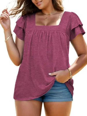 VISLILY Plus-Size-Summer-Tops for Women Petal Short Sleeve T Shirts Square Neck Tunics Flowy Pleated Blouses XL-5XL
