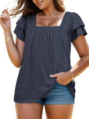 VISLILY Plus-Size-Summer-Tops for Women Petal Short Sleeve T Shirts Square Neck Tunics Flowy Pleated Blouses XL-5XL