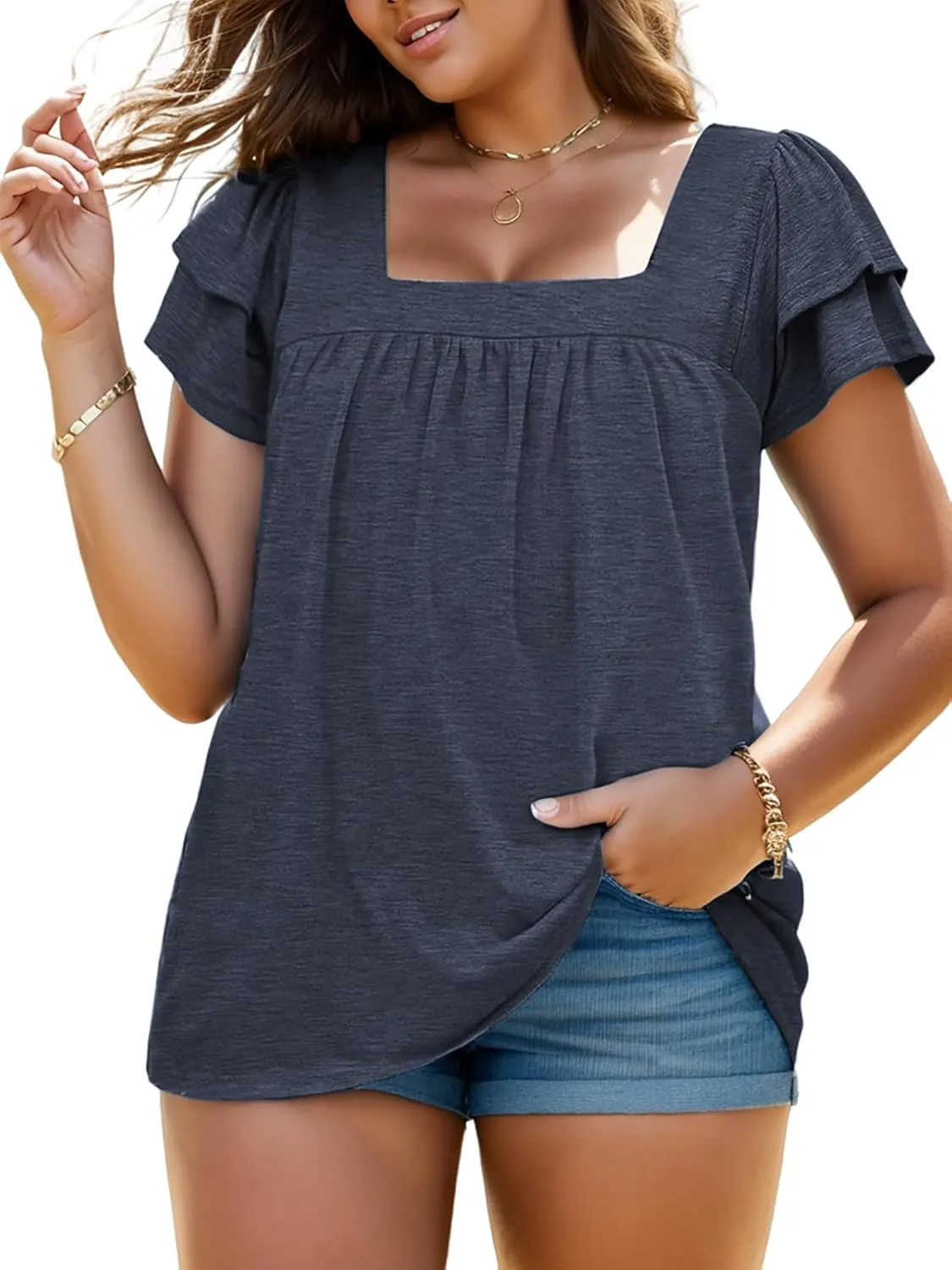 VISLILY Plus-Size-Summer-Tops for Women Petal Short Sleeve T Shirts Square Neck Tunics Flowy Pleated Blouses XL-5XL