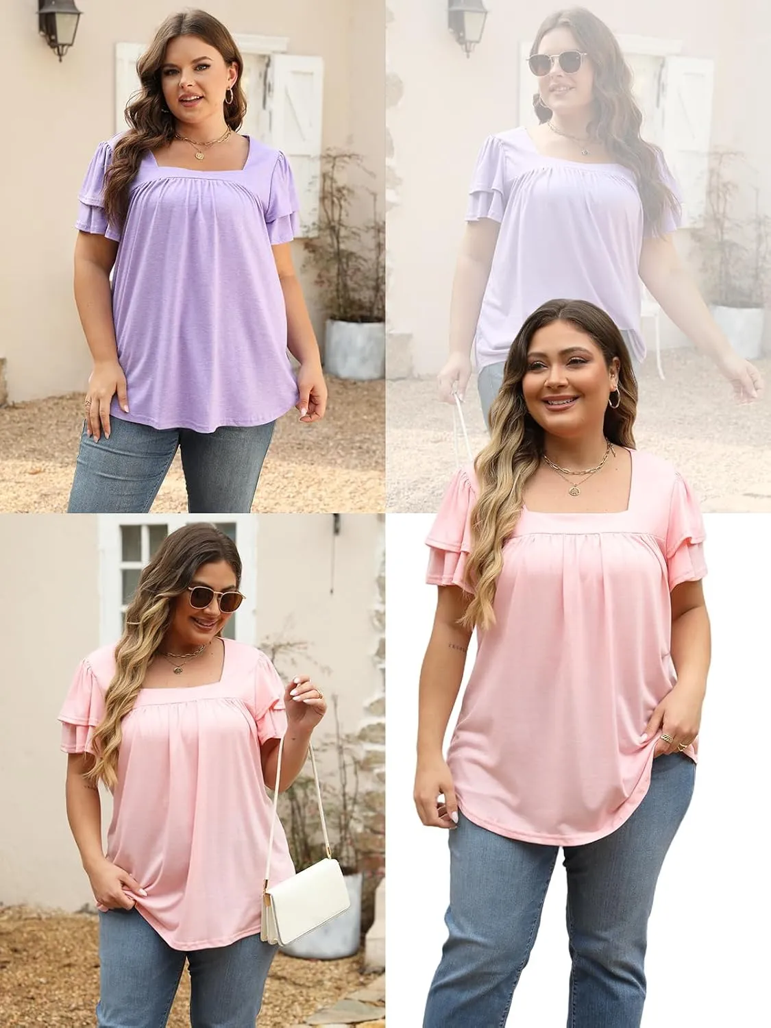 VISLILY Plus-Size-Summer-Tops for Women Petal Short Sleeve T Shirts Square Neck Tunics Flowy Pleated Blouses XL-5XL