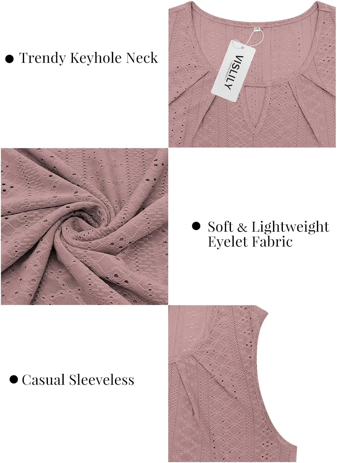 VISLILY Plus-Size-Tank-Tops for Women Summer Trendy Keyhole Neck Shirts Cute Eyelet Tunics Casual Sleeveless Blouse XL-5XL