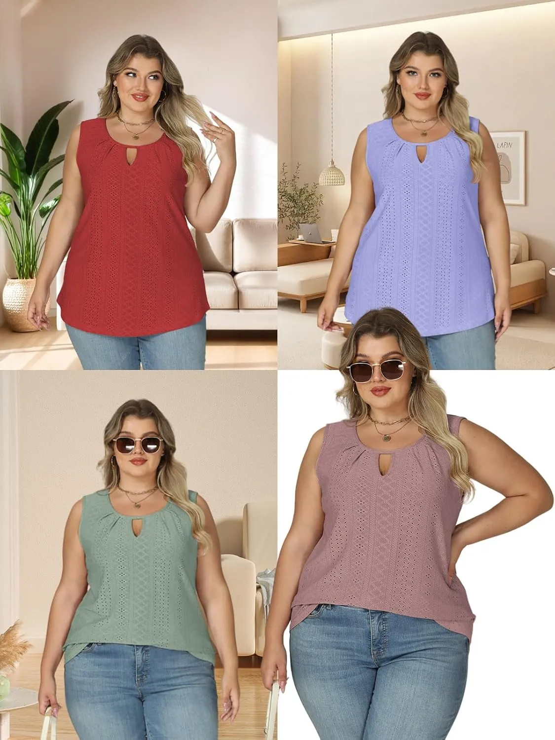 VISLILY Plus-Size-Tank-Tops for Women Summer Trendy Keyhole Neck Shirts Cute Eyelet Tunics Casual Sleeveless Blouse XL-5XL