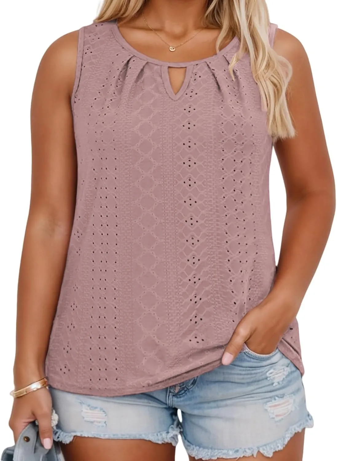 VISLILY Plus-Size-Tank-Tops for Women Summer Trendy Keyhole Neck Shirts Cute Eyelet Tunics Casual Sleeveless Blouse XL-5XL