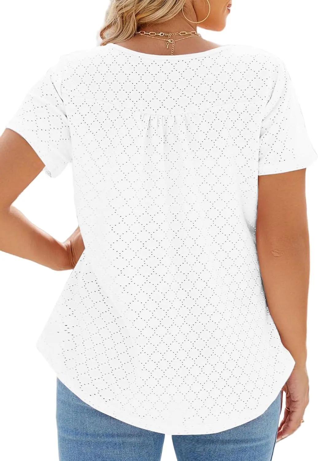 VISLILY Womens-Plus-Size-Summer-Tops Buttons Up Henley Shirts Flowy Pleated Tunics Trendy Eyelet Short Sleeve Blouses