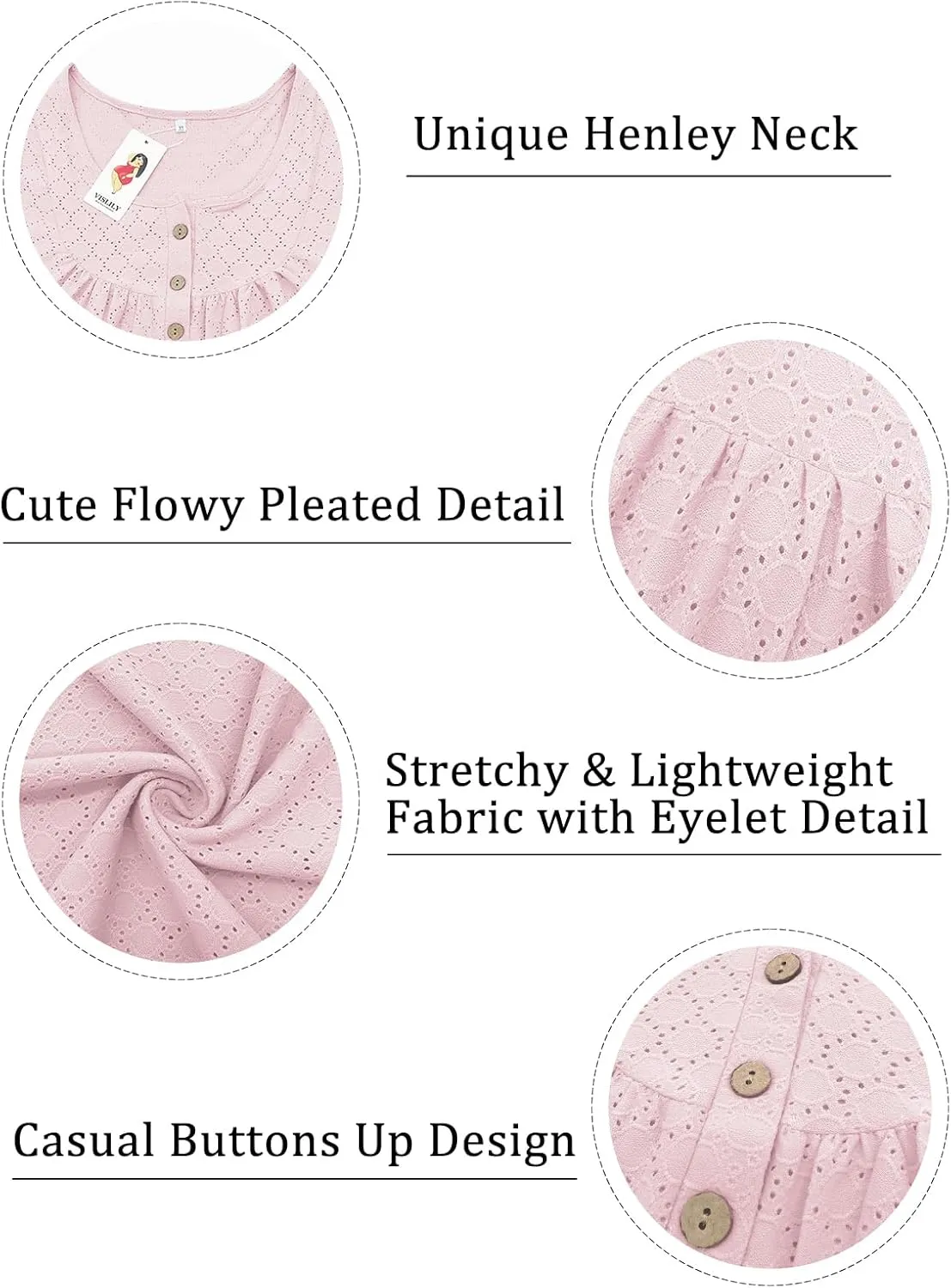 VISLILY Womens-Plus-Size-Summer-Tops Buttons Up Henley Shirts Flowy Pleated Tunics Trendy Eyelet Short Sleeve Blouses