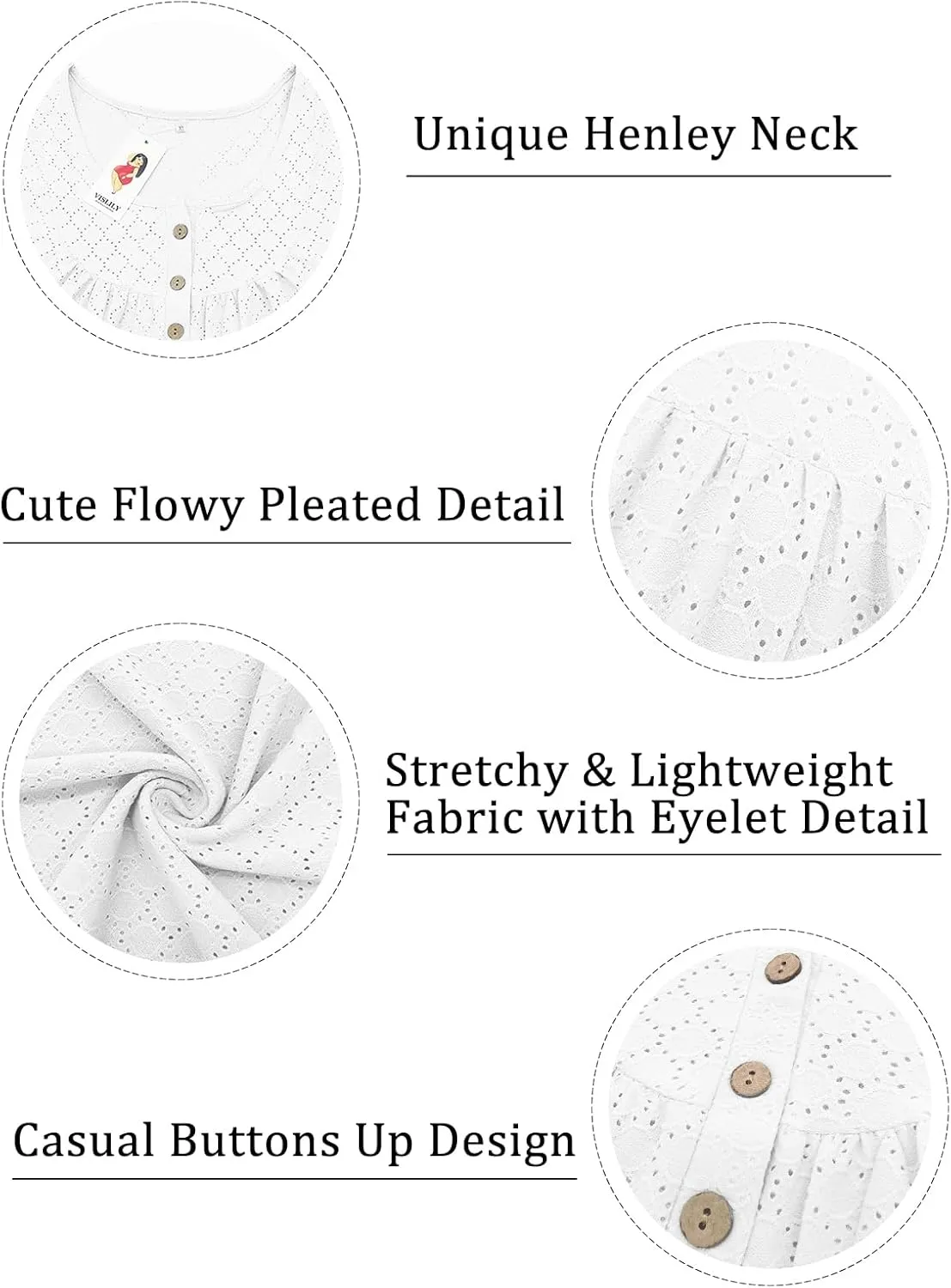 VISLILY Womens-Plus-Size-Summer-Tops Buttons Up Henley Shirts Flowy Pleated Tunics Trendy Eyelet Short Sleeve Blouses