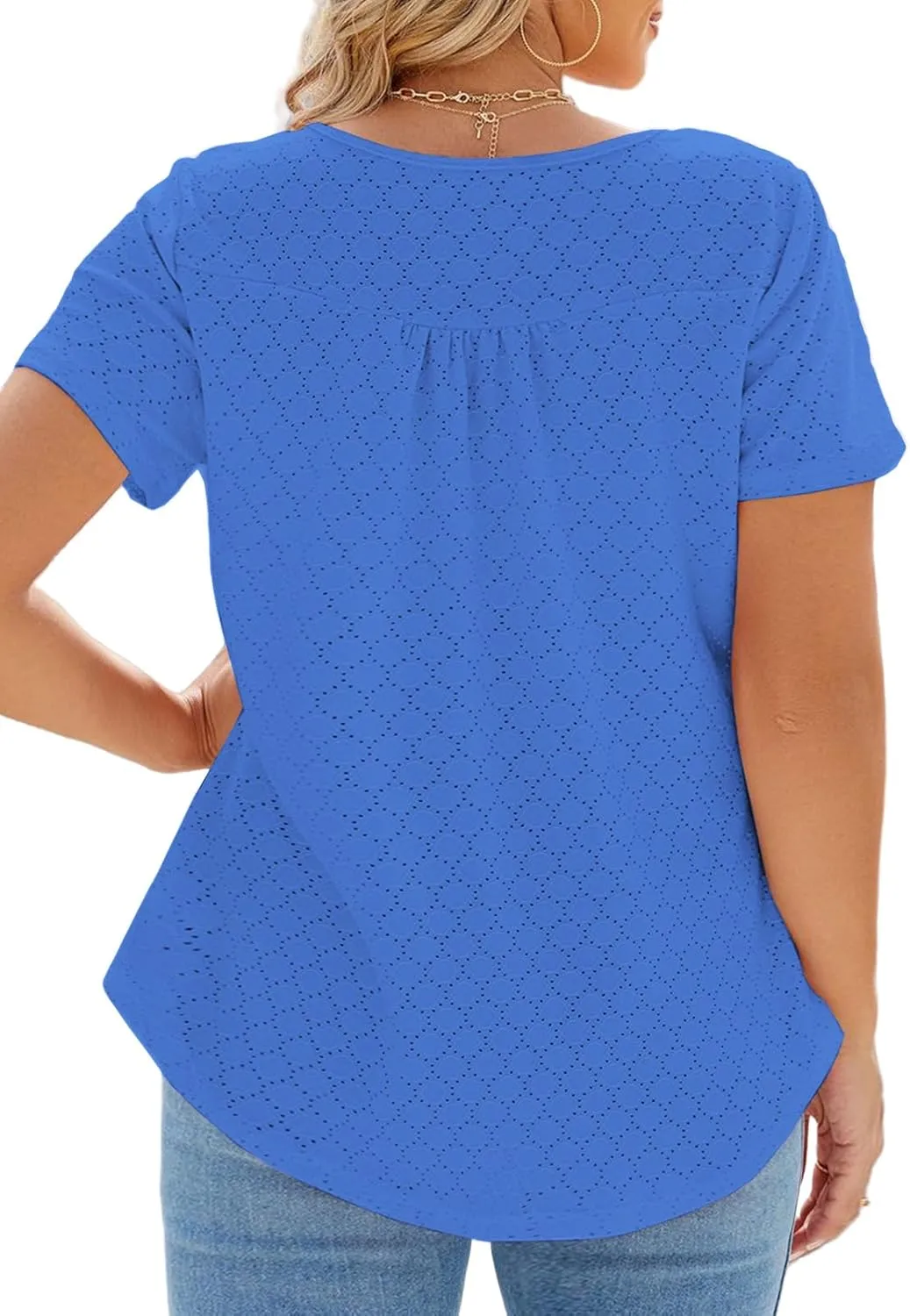 VISLILY Womens-Plus-Size-Summer-Tops Buttons Up Henley Shirts Flowy Pleated Tunics Trendy Eyelet Short Sleeve Blouses