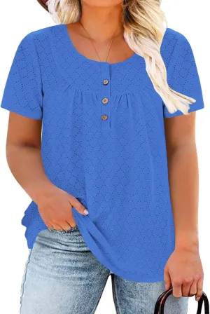 VISLILY Womens-Plus-Size-Summer-Tops Buttons Up Henley Shirts Flowy Pleated Tunics Trendy Eyelet Short Sleeve Blouses